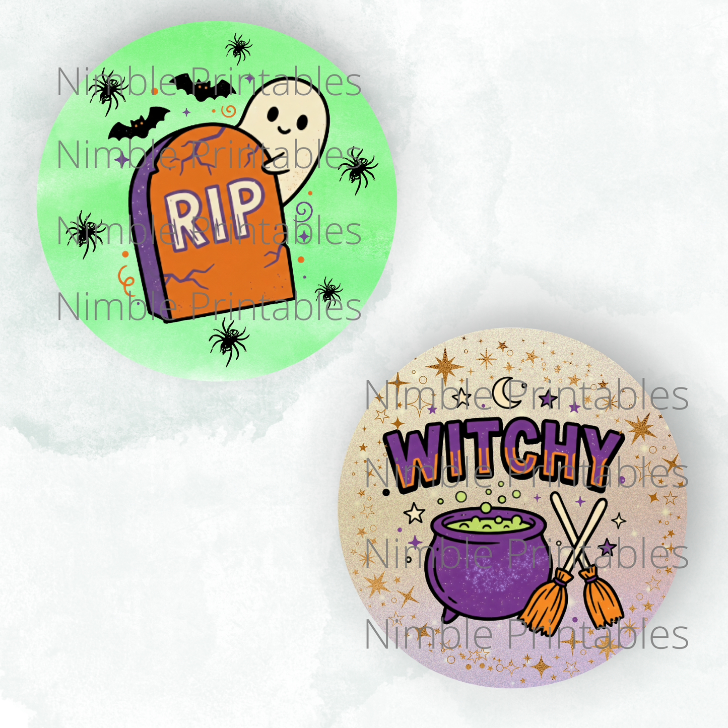 Cute ghost in front of RIP tombstone and "Witchy" cauldron with brooms on a textured background.