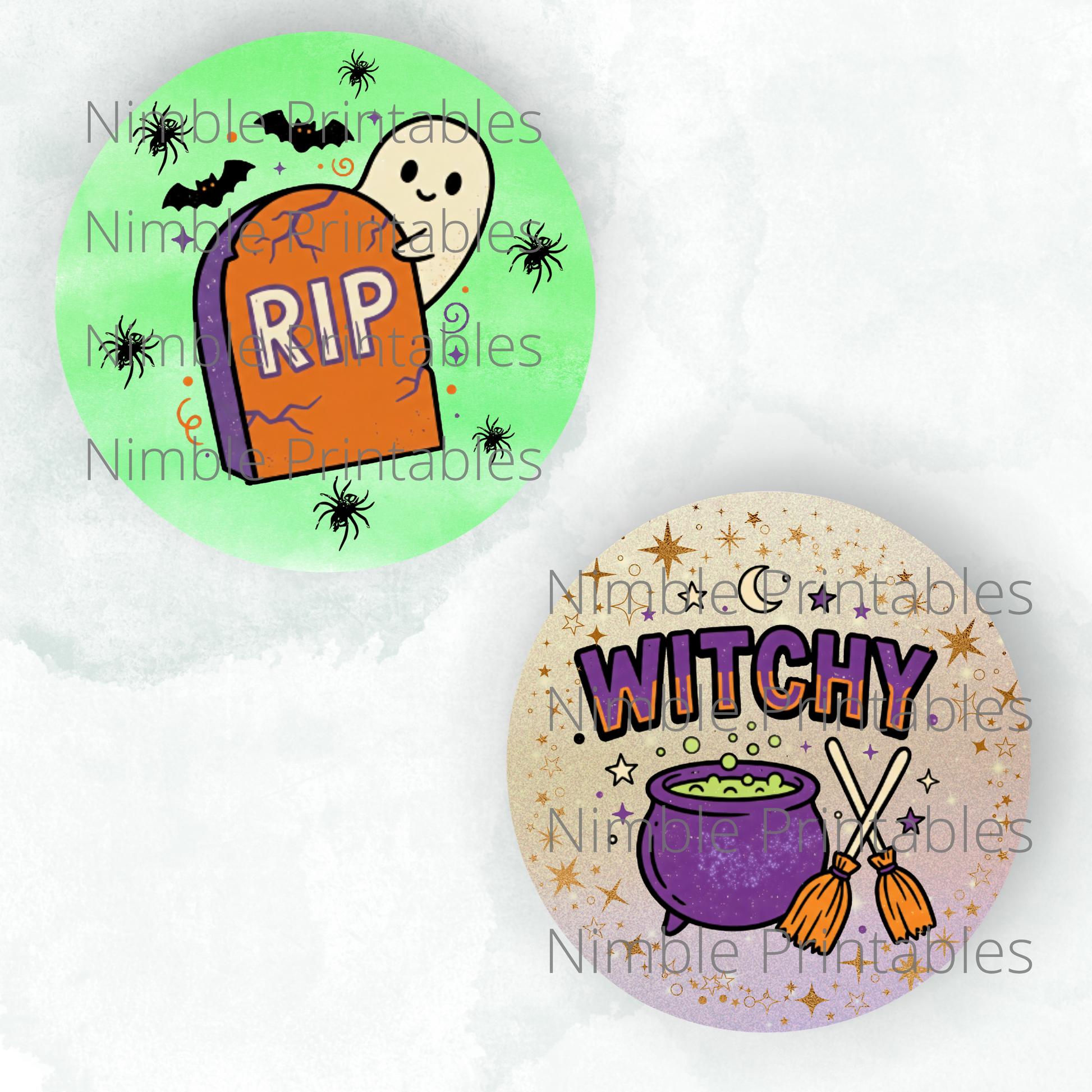 Cute ghost in front of RIP tombstone and "Witchy" cauldron with brooms on a textured background.