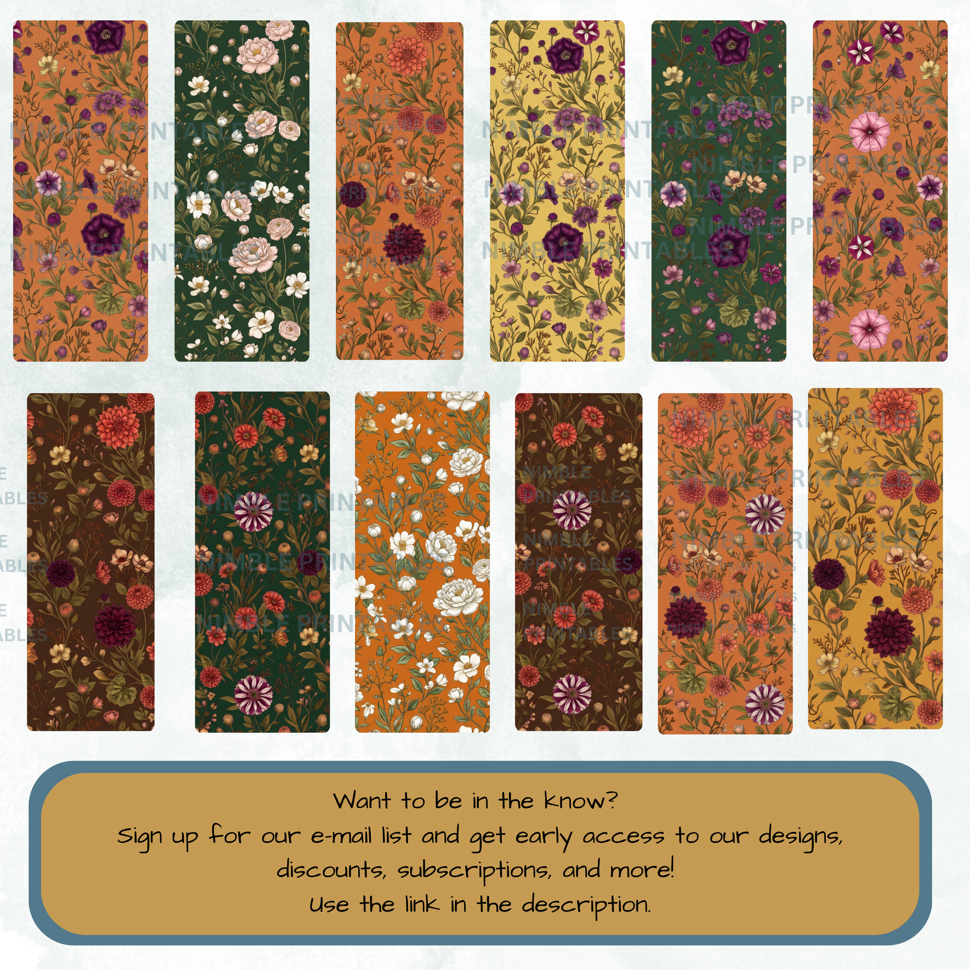 Various floral patterns with autumnal colors, set against a light background.