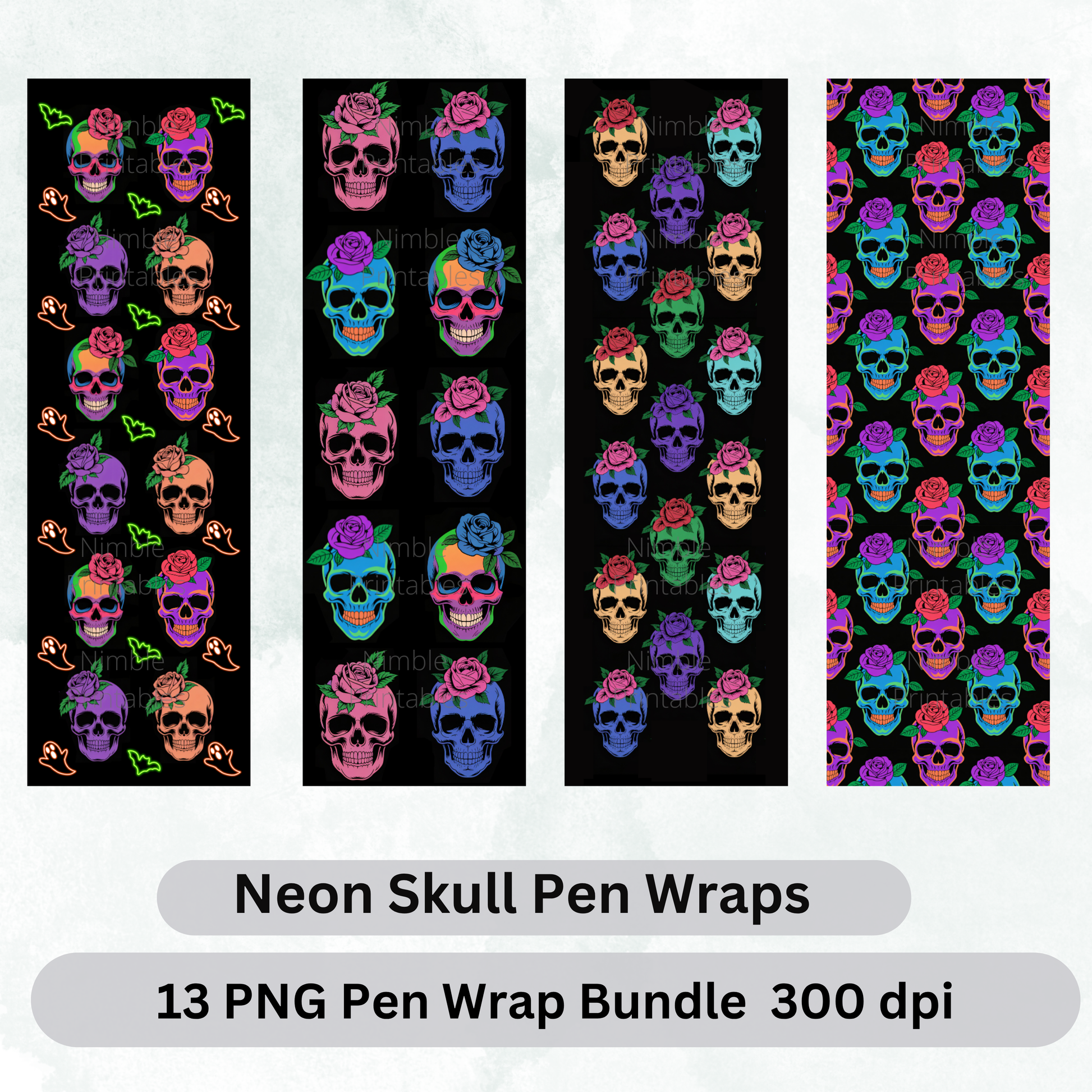 Neon skull pen wraps bundle, 13 PNG files, 300 dpi.
