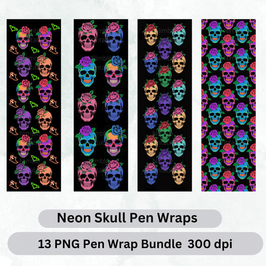 Neon skull pen wraps bundle, 13 PNG files, 300 dpi.