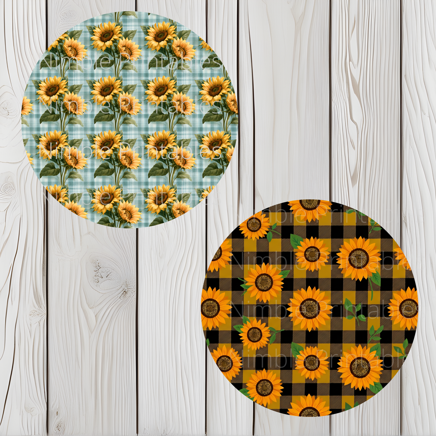 Two circular sunflower patterns, one with blue plaid, one with black and orange plaid.