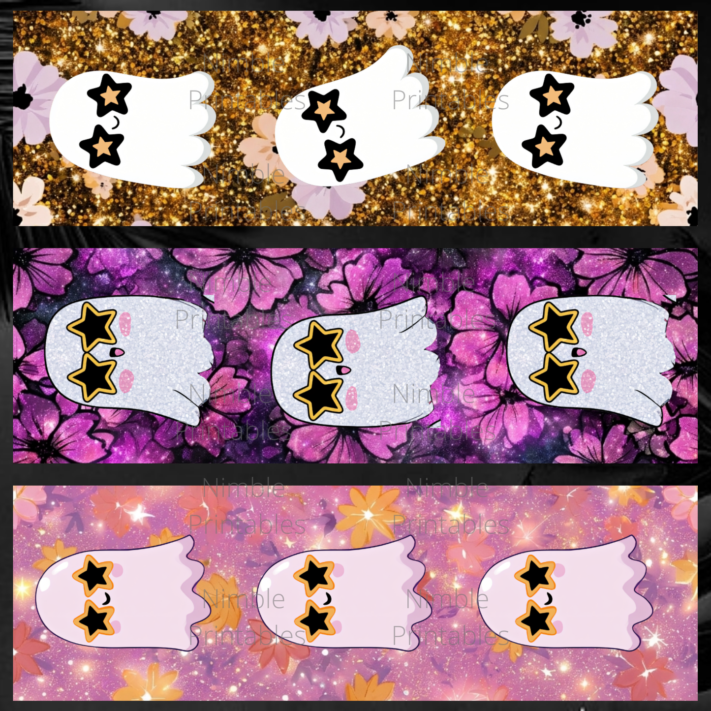 Three rows of white cartoon ghosts wearing star sunglasses against floral and glitter backgrounds.