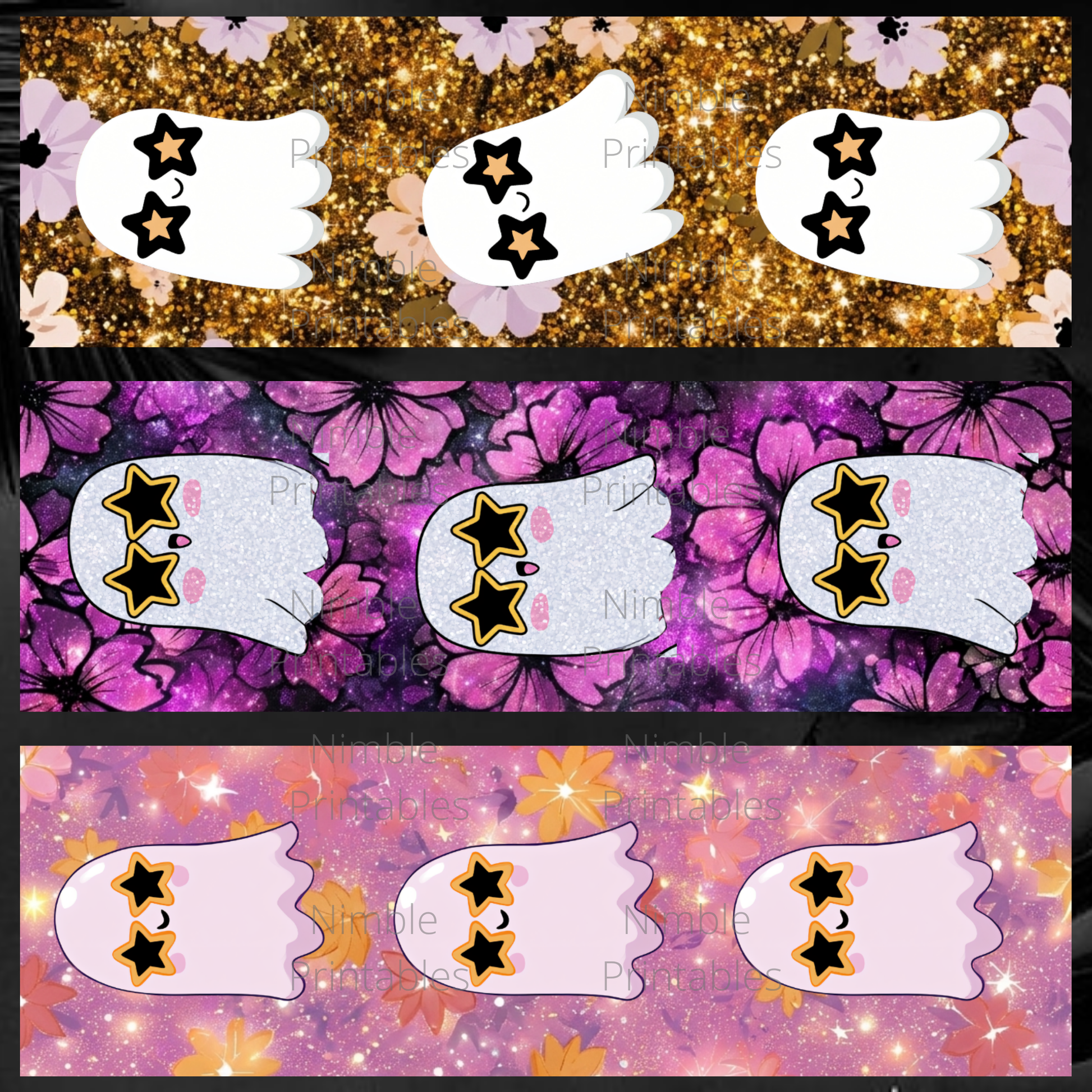 Three rows of white cartoon ghosts wearing star sunglasses against floral and glitter backgrounds.