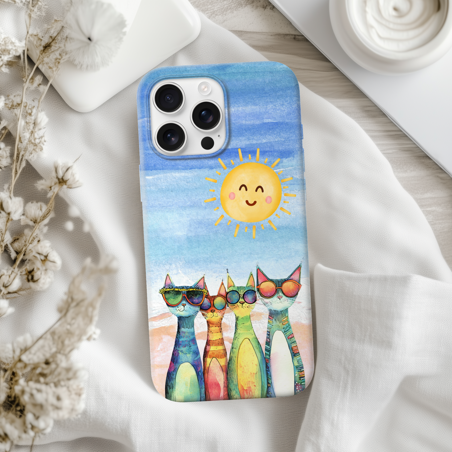 Colorful Whimsical Cat Phone Case - Tough Cases for Pet Lovers & Summer Vibes