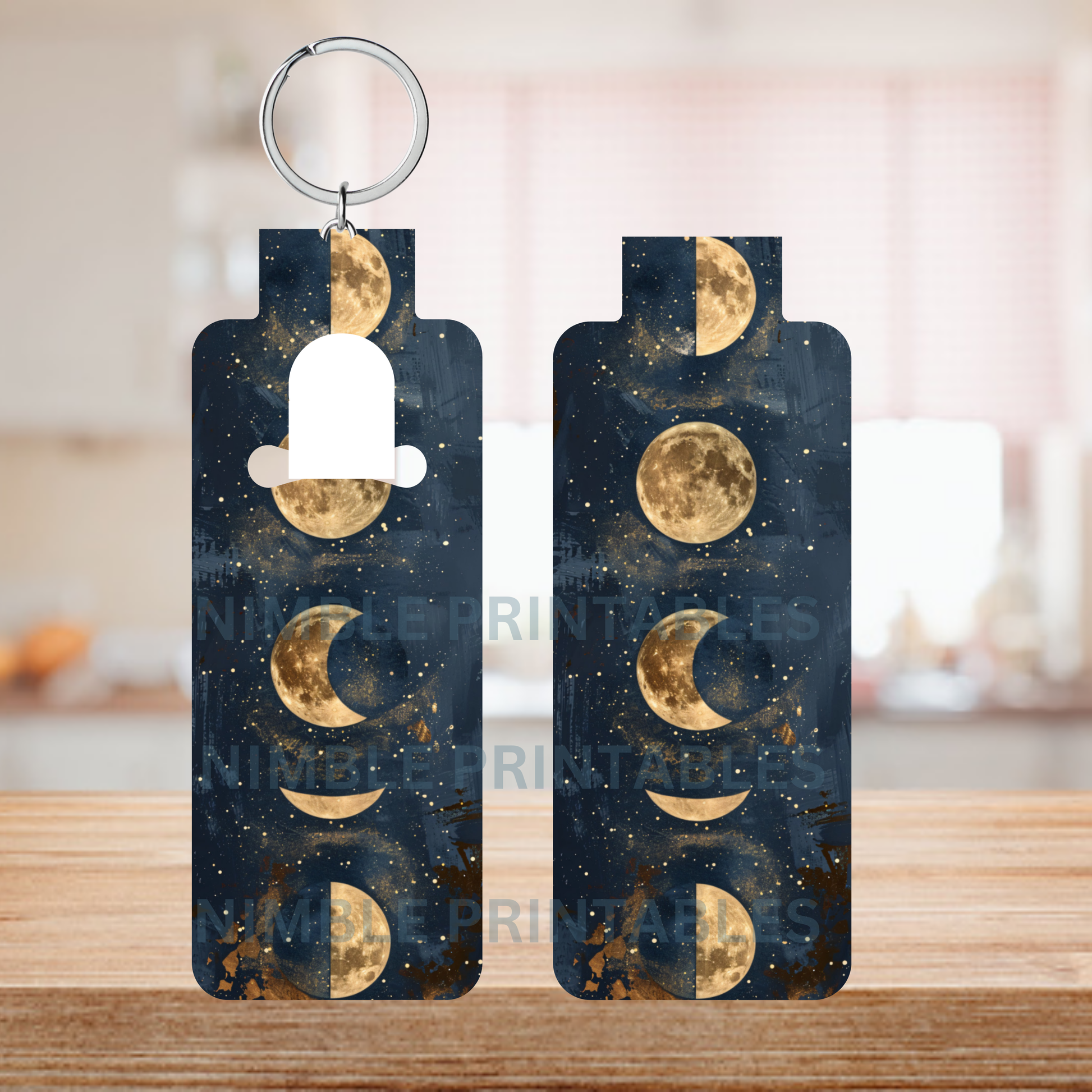 Night Sky Moon Phases Keychain Set, Celestial Keyring, Space Themed Gift, Unique Personal Accessory, Navy Golden Design, Artistic Key Holder