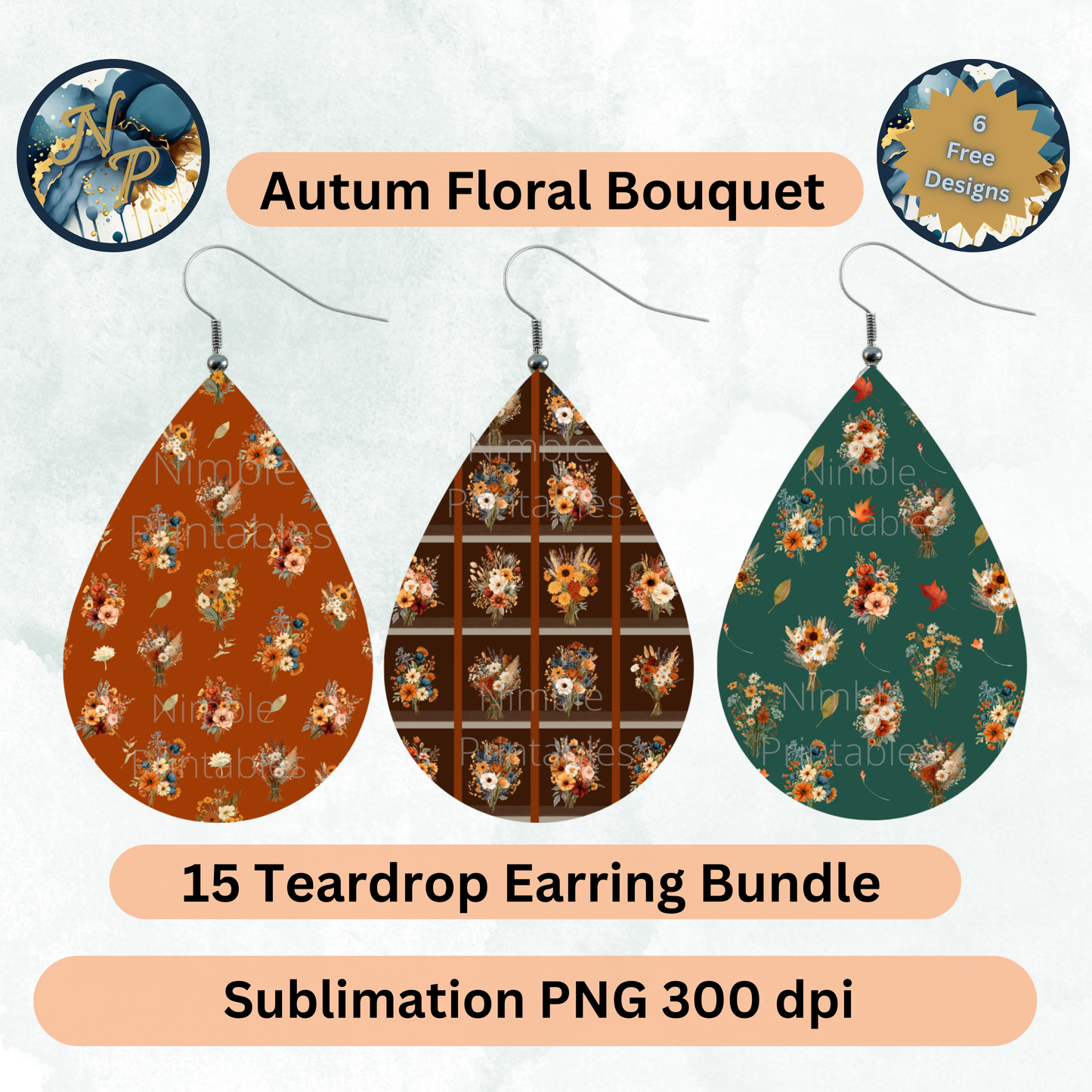 Autumn floral teardrop earrings bundle: 15 designs, sublimation PNG 300 dpi.