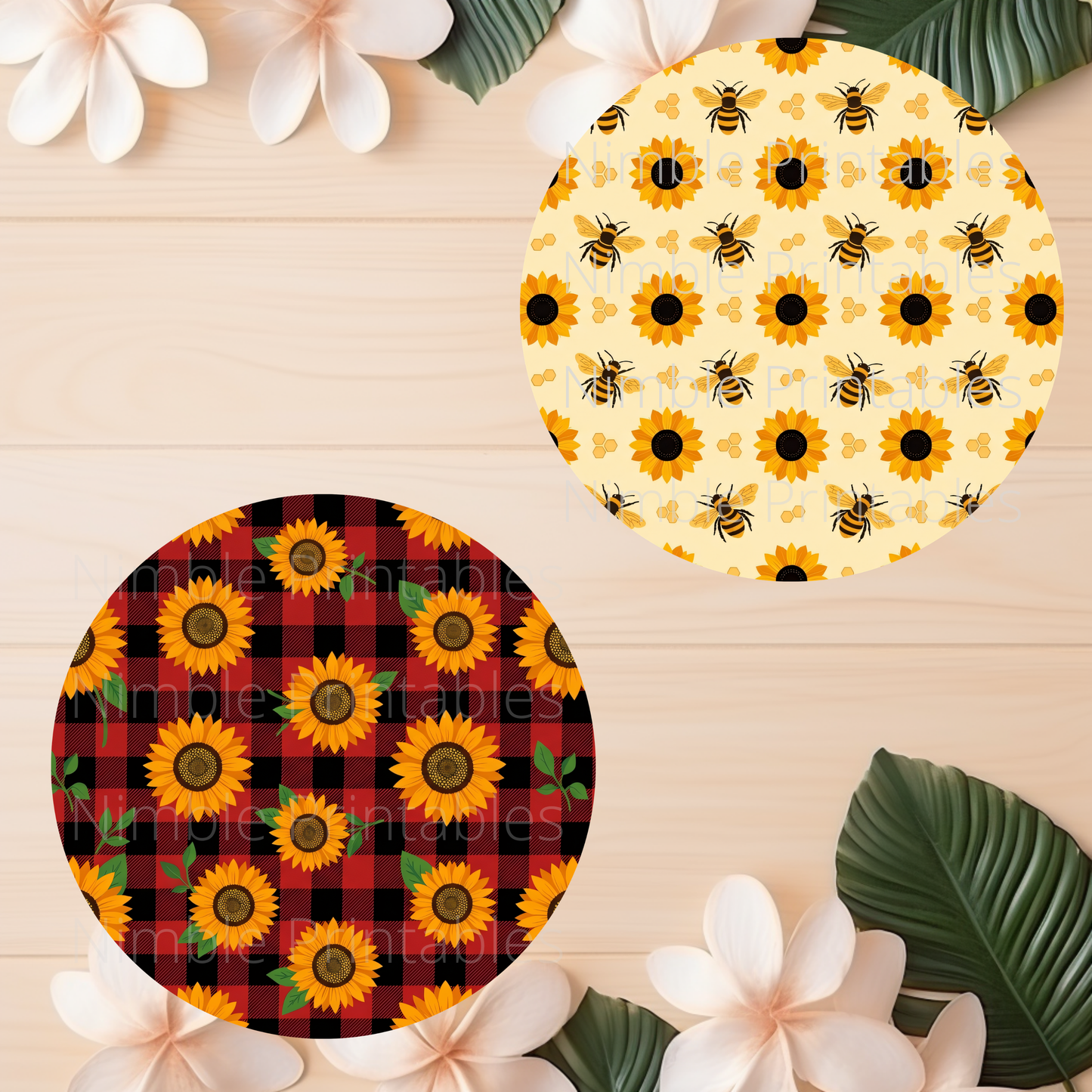 Two circular designs, one with bees and sunflowers on yellow, one with sunflowers on buffalo check.