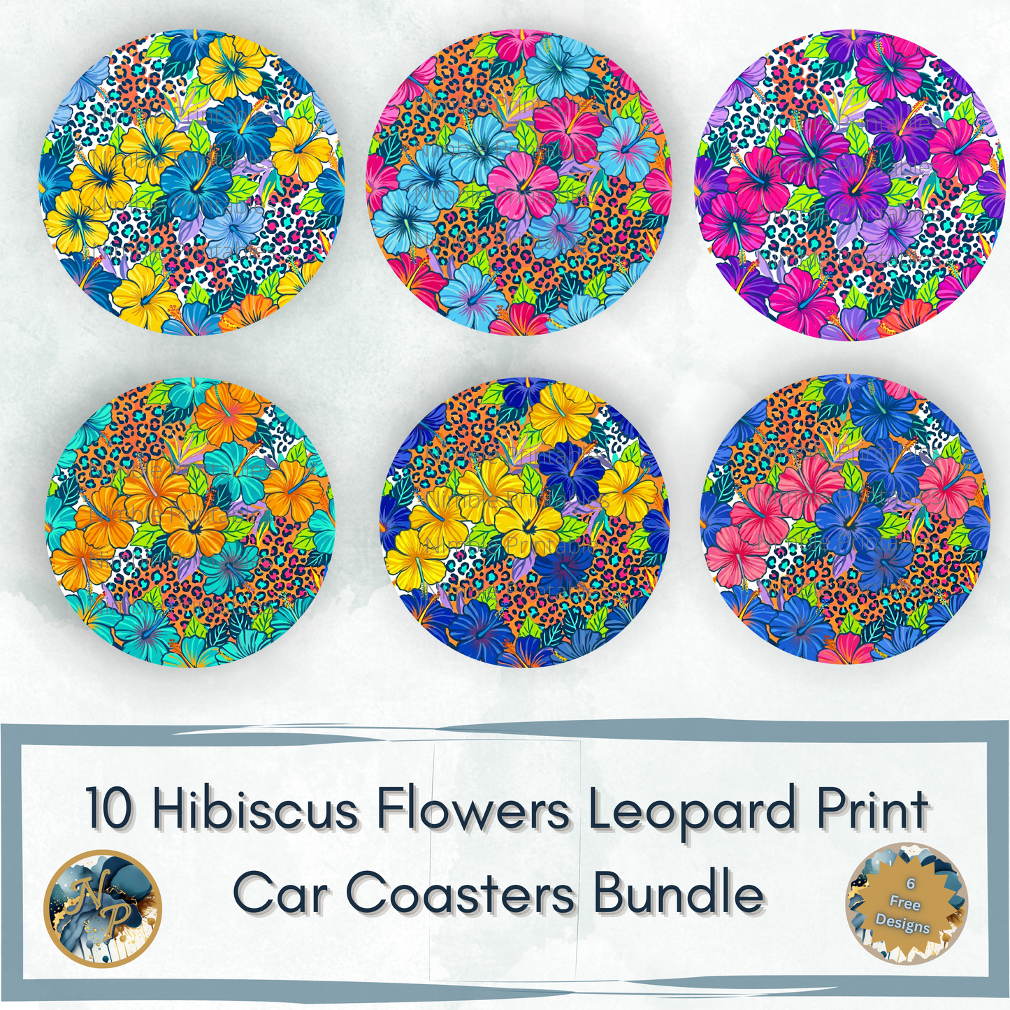 Ten round car coasters featuring hibiscus flowers and leopard print designs.