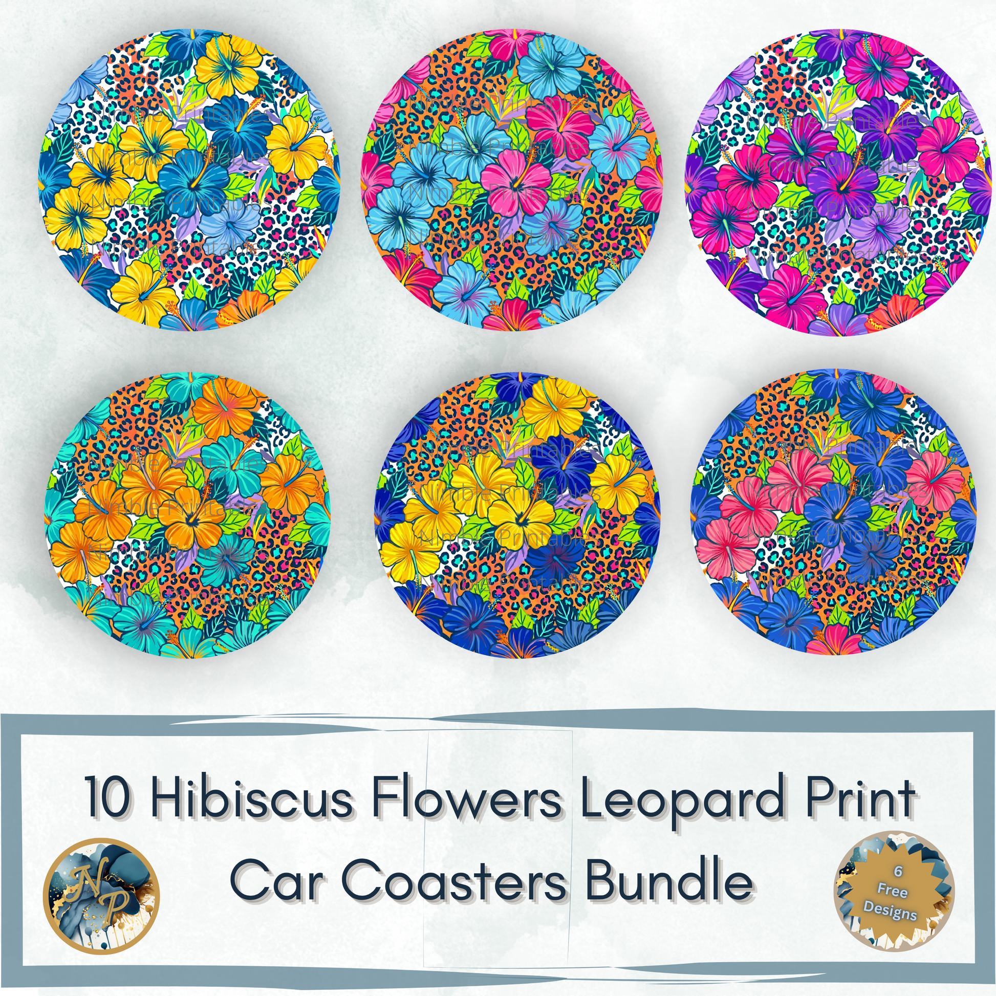 Ten round car coasters featuring hibiscus flowers and leopard print designs.