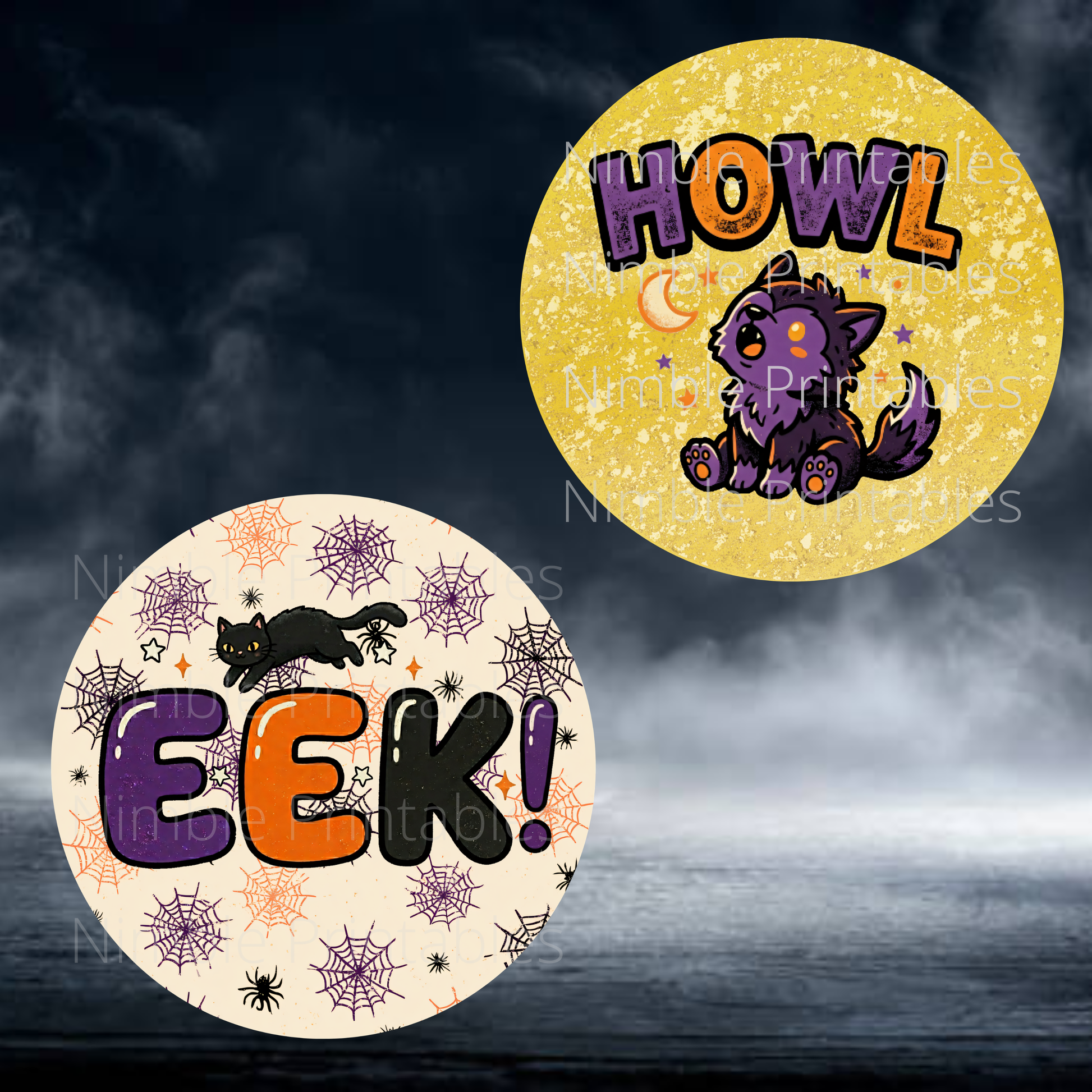 Two round Halloween designs: one with "HOWL" and wolf cub, the other with "EEK!" and black cat.