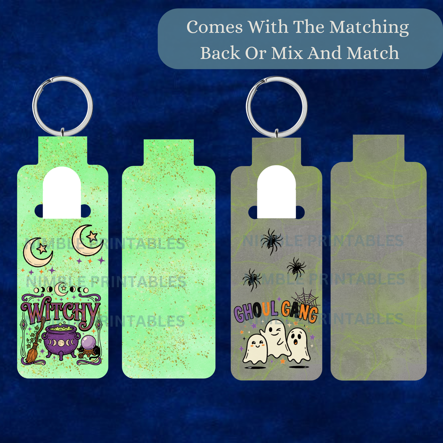 Halloween keychains with "Witchy" and "Ghoul Gang" designs, plus plain green backgrounds.