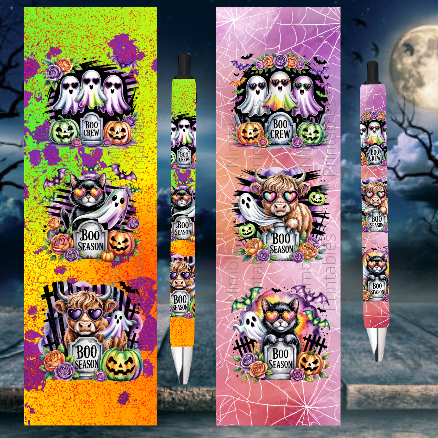 Pen Wraps Sublimation Designs PNG, Skinny Pen Wrap, Ink Joy and Waterslide Design, Halloween Ghost, Black Cat, Highland Cow Instant Download