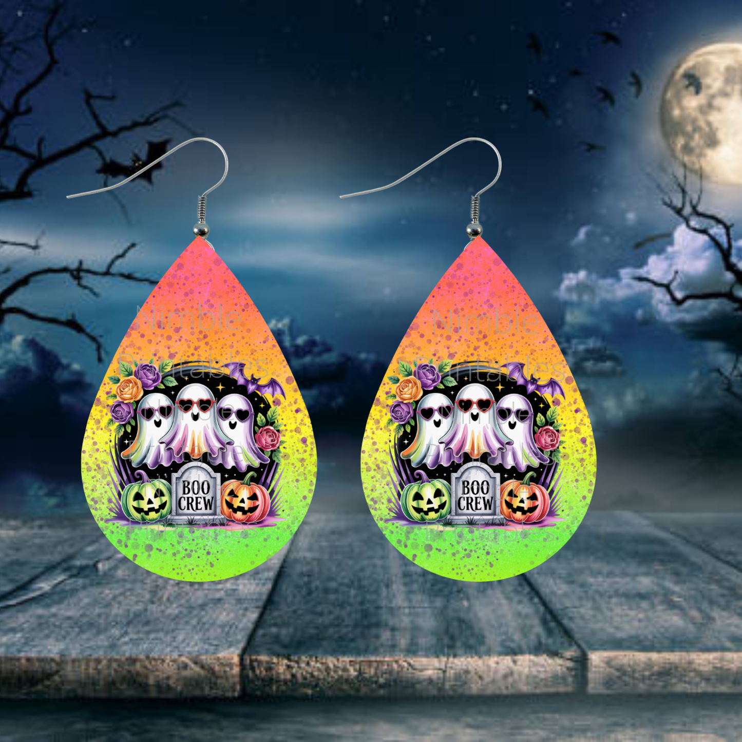 Halloween Teardrop Earring PNG Sublimation Designs, Ghost, Black Cat, Highland Cow PNGs Boo Crew PNG, Digital Instant Downloads