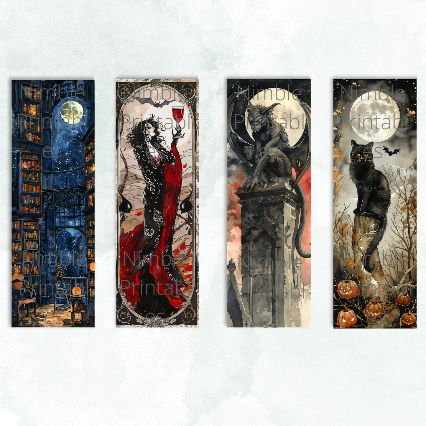 Printable Bookmarks Bundle Halloween Watercolor, Digital Downloads, 29 PNG and 29 JPG Bookmark Sublimation, Fantasy png, Dark Academia png