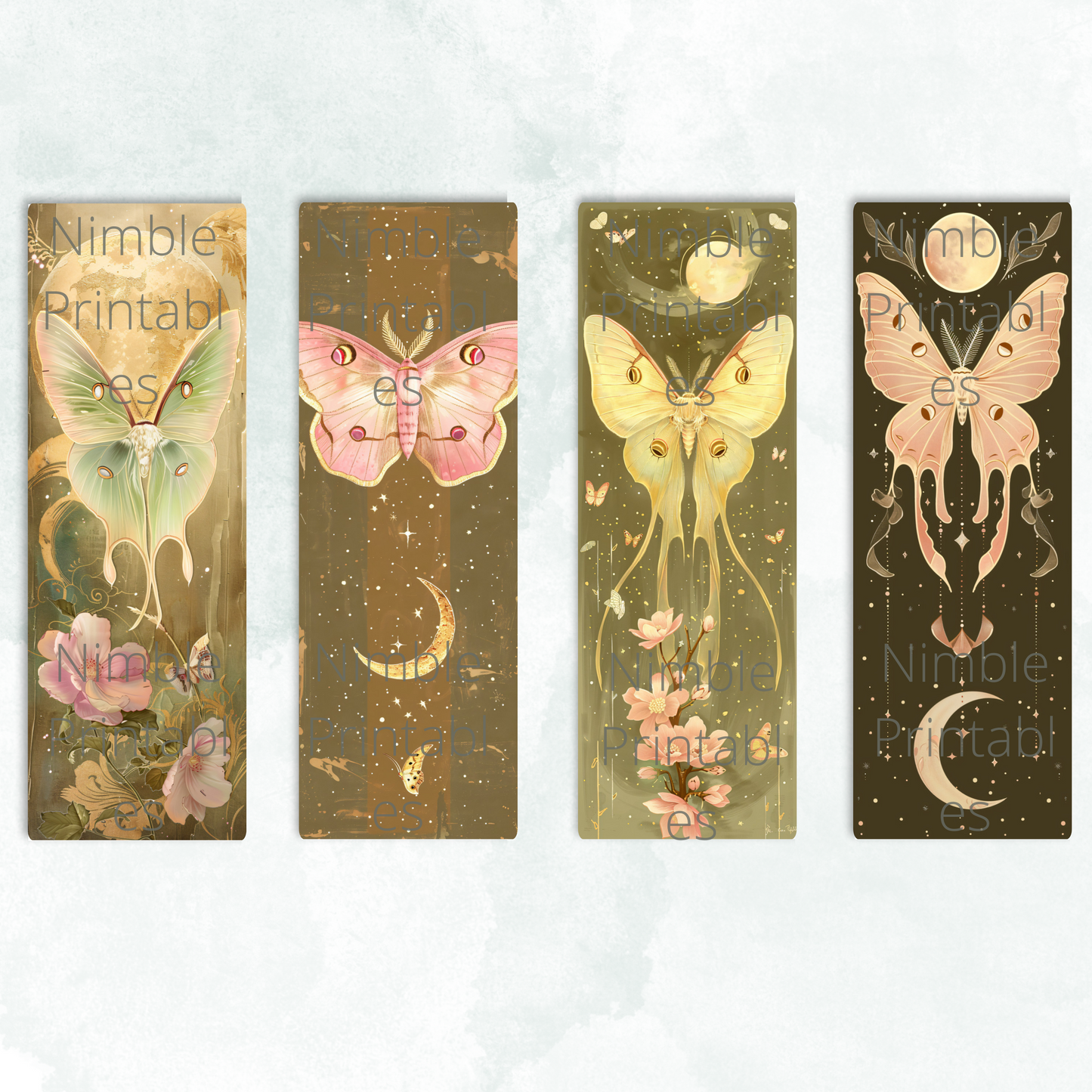 Printable Bookmarks Bundle Celestial Luna Moth, Digital Downloads, Watercolor Bookmark, 28 PNG and 28 JPG Bookmark Sublimation