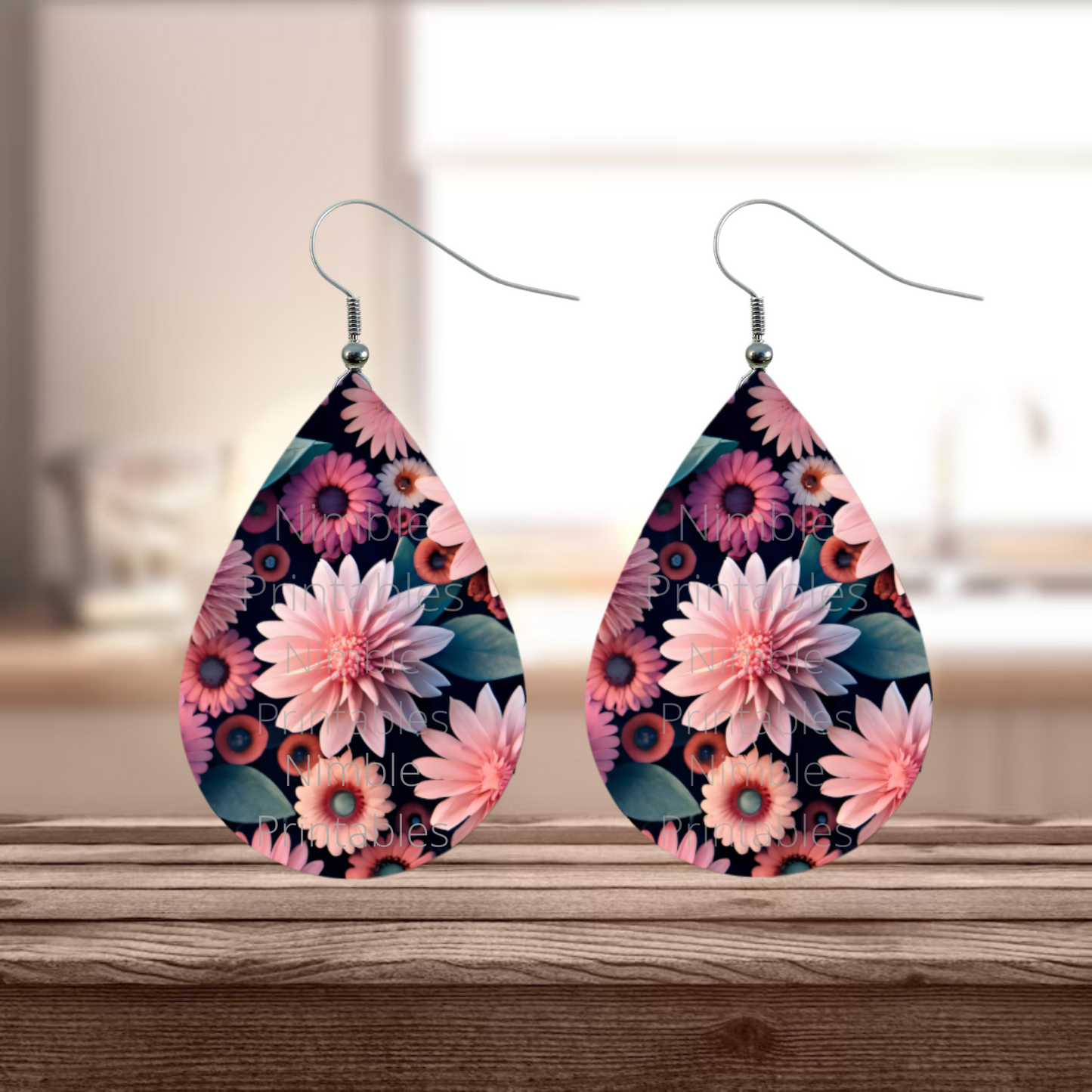 Teardrop Earring PNG Floral Earrings Pink PNG Sublimation Earring Designs Digital Download Instant Download
