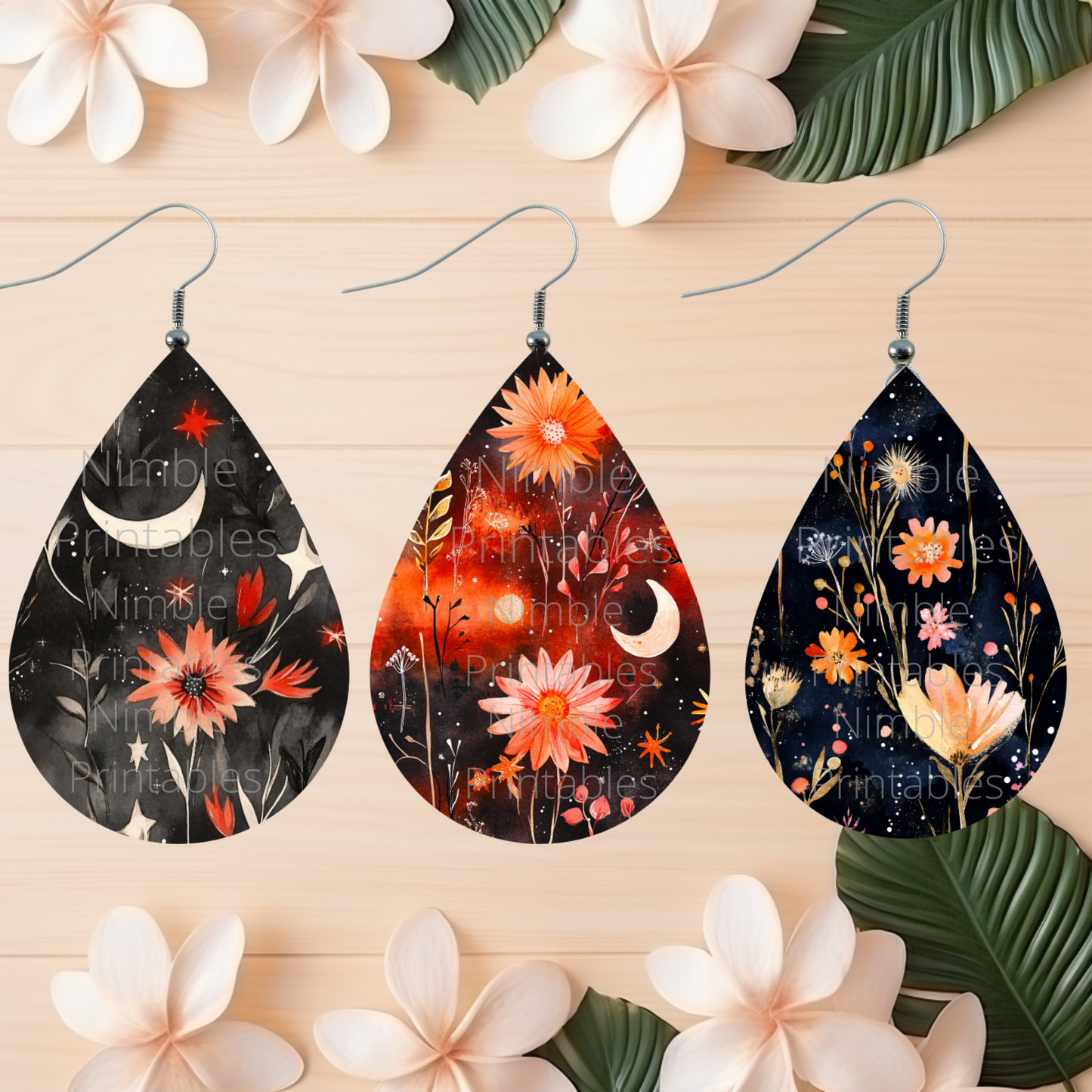 Celestial Wildflower Bundle Teardrop Earring PNG Earrings Sublimation Earring Designs Digital Download Instant Download Moon PNG, Floral PNG