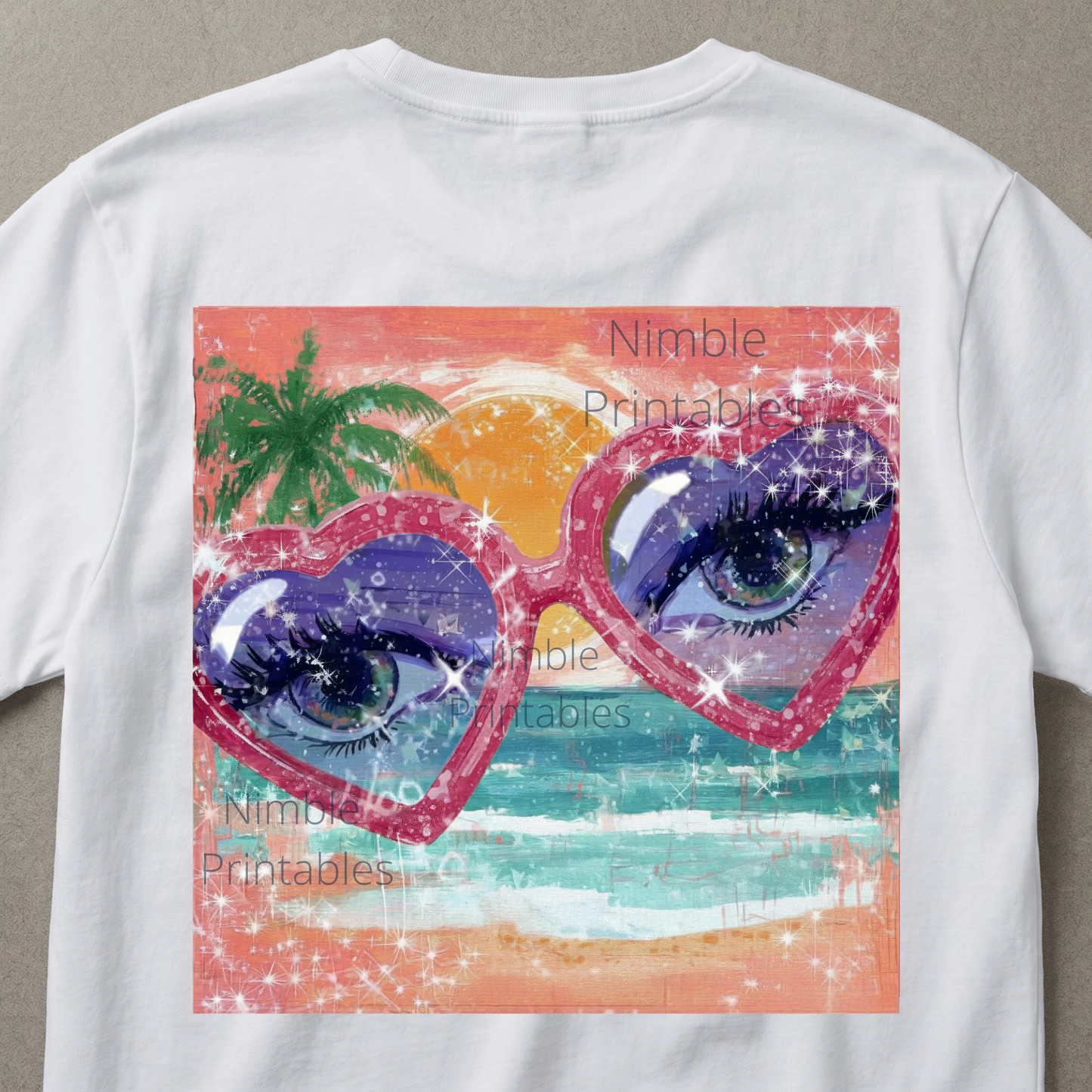 Pink Heart Sunglasses Beach PNG, Sparkly Tropical Sunset Sublimation Design, Retro Summer Art, Coastal png, Instant Digital Download
