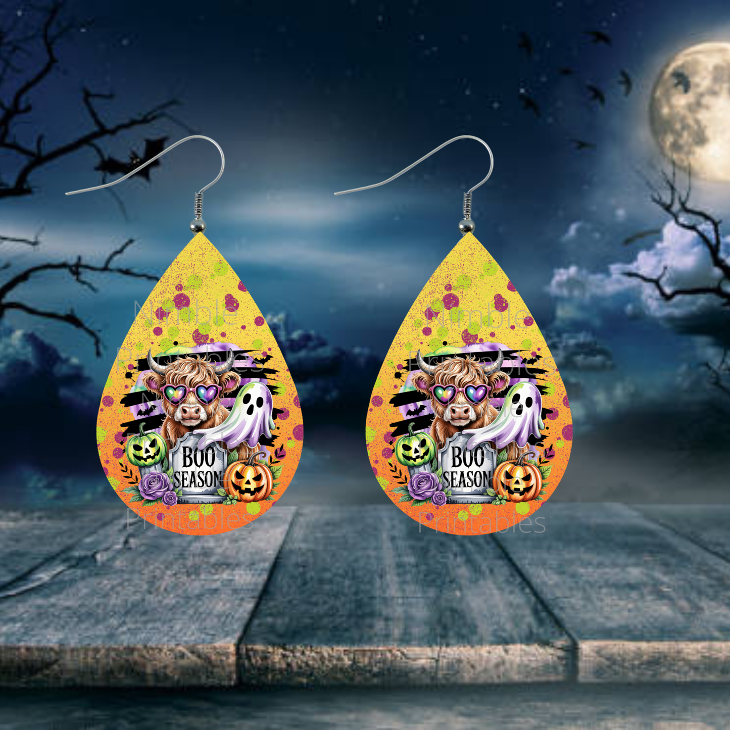 Teardrop Earring PNG Halloween, Ghost, Black Cat, Highland Cow Boo Season PNG Sublimation Earring Bundle Designs Digital Instant Download