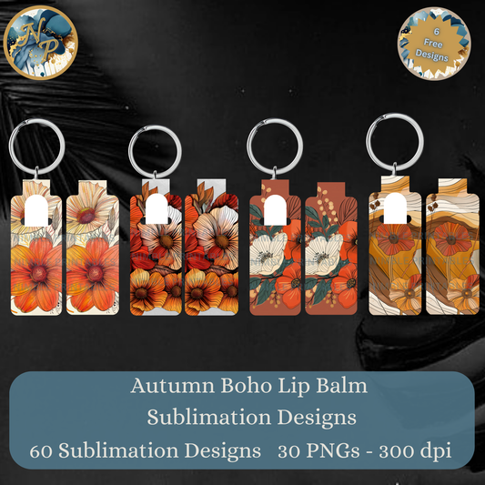 Autumn Boho Lip Balm Holder Keychain Floral Design Sublimation PNG Files Set