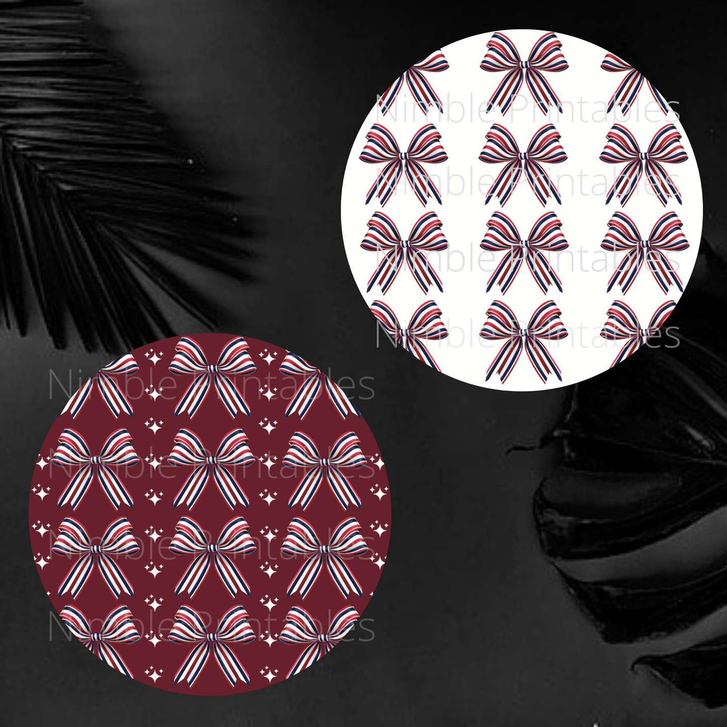 Red, white, and blue striped bows on dark red and white backgrounds.