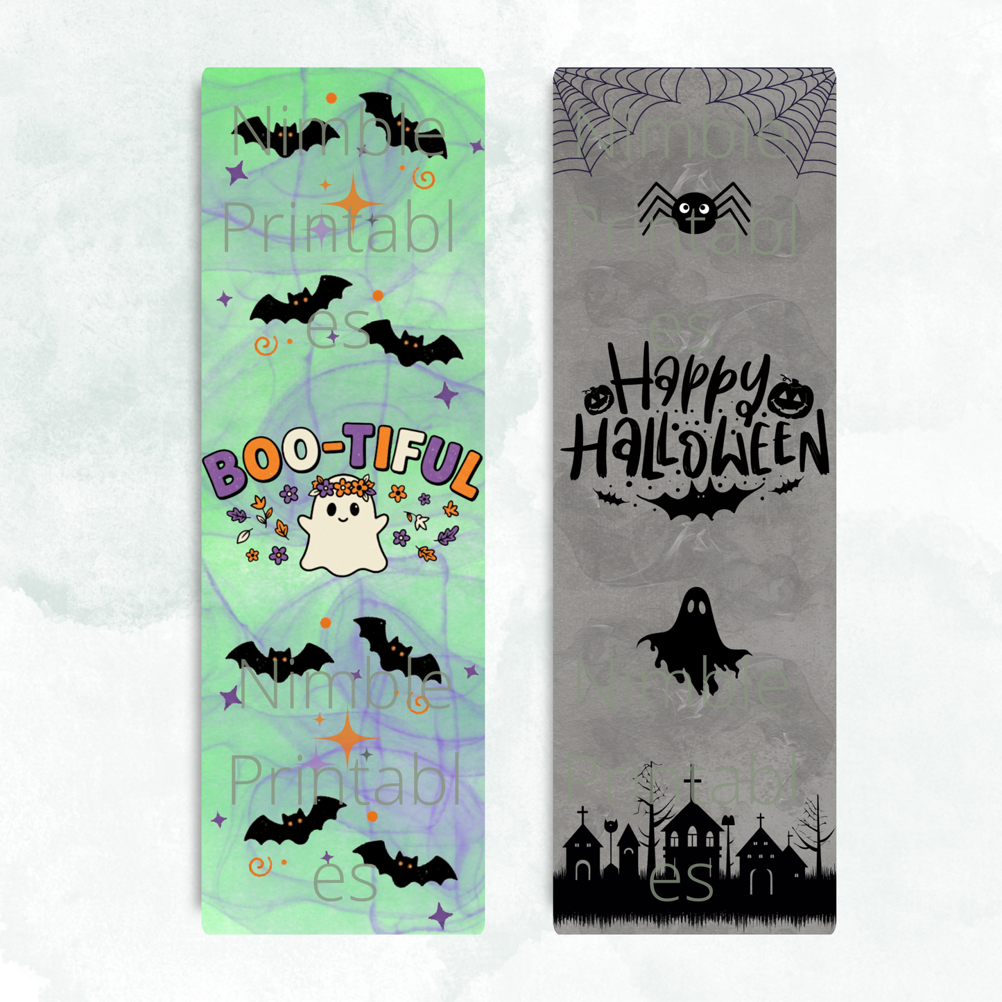 Two Halloween-themed bookmarks: one green with a ghost, bats. A gray one with "Happy Halloween" and a cemetery.