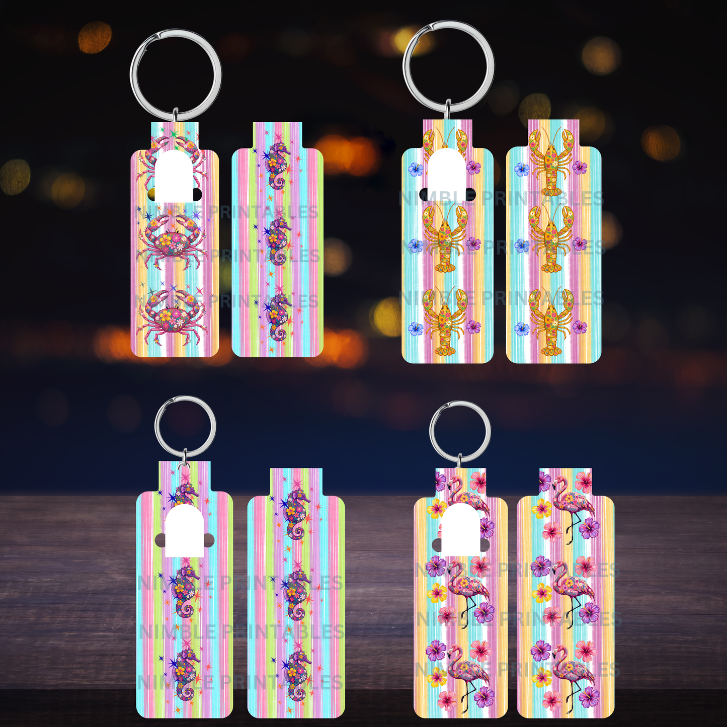 Four colorful keychain designs with beach-themed illustrations and stripes.