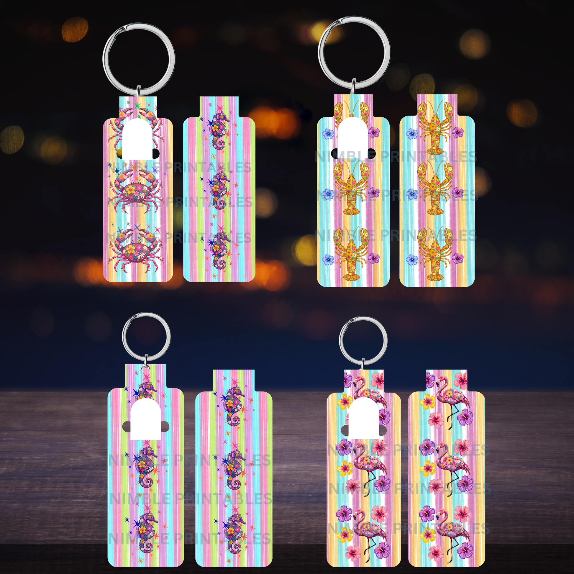 Four colorful keychain designs with beach-themed illustrations and stripes.