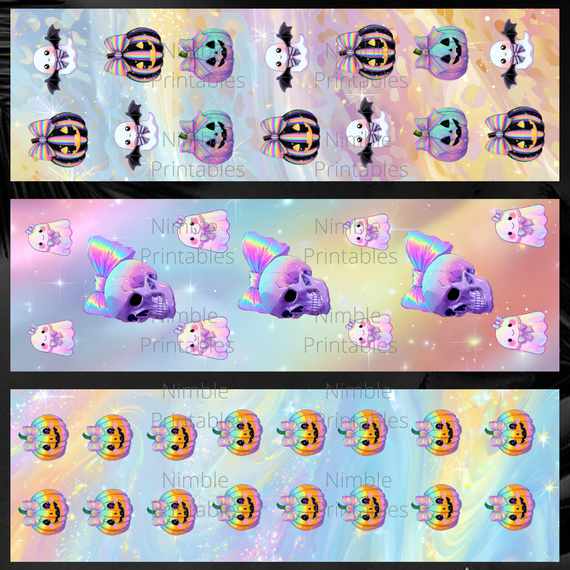 Rainbow bats, skulls, and pumpkins with pastel backgrounds.