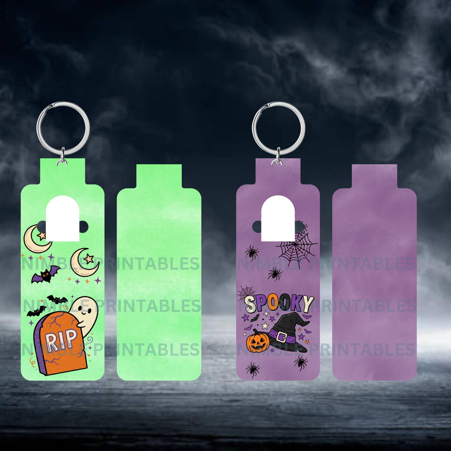 Halloween keychains with tombstone, ghost, bats, and pumpkin designs.