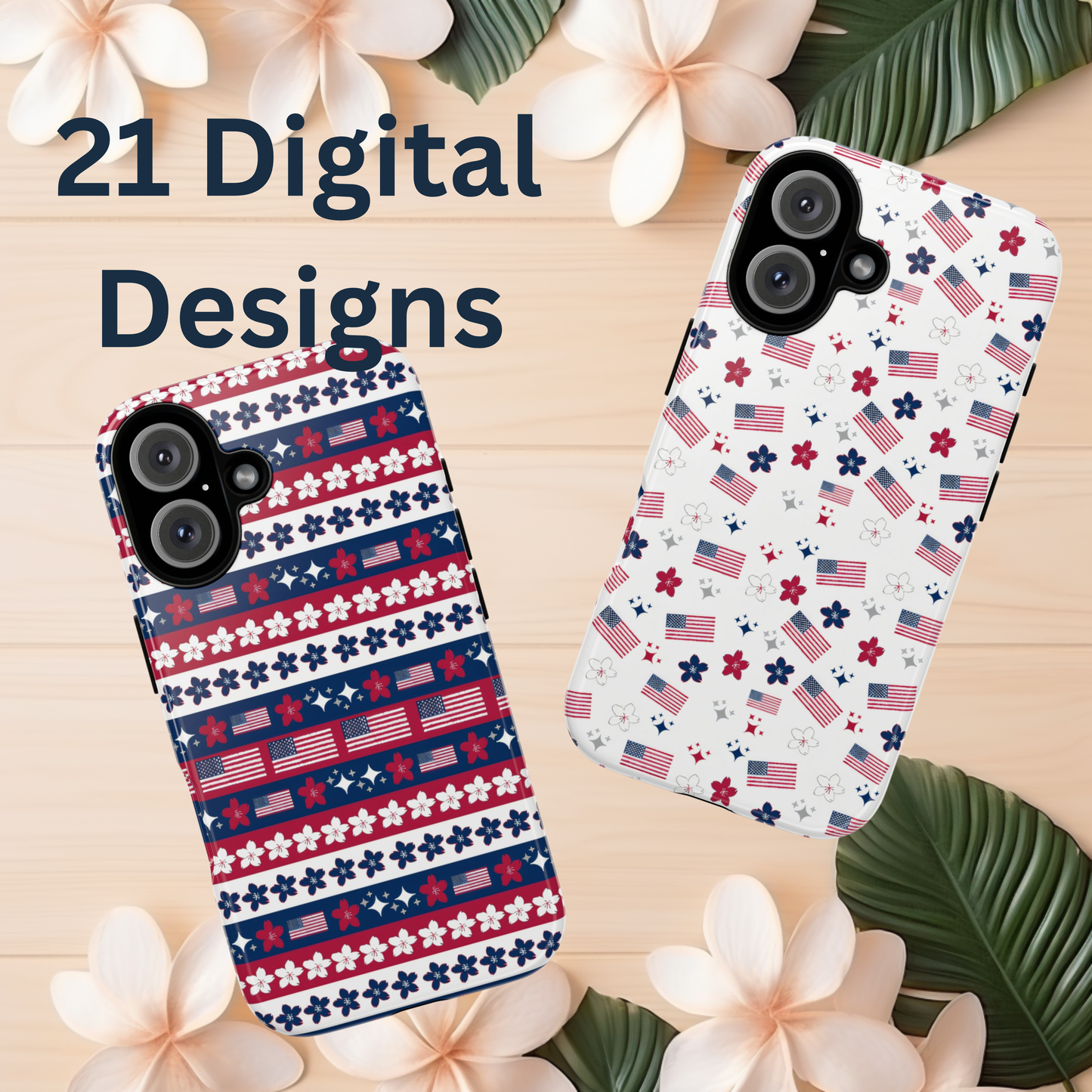 Two phone cases with patriotic flag and star patterns.