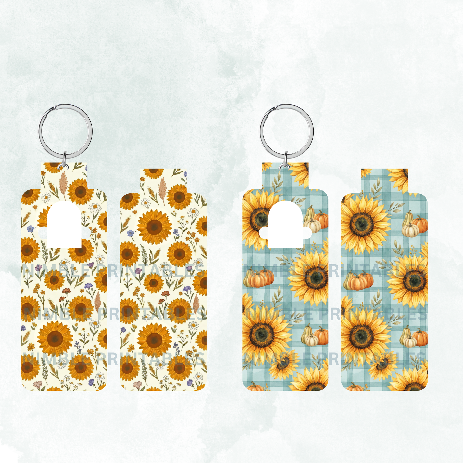 Two keychains: one with sunflowers and daisies, another with sunflowers and pumpkins on blue plaid.
