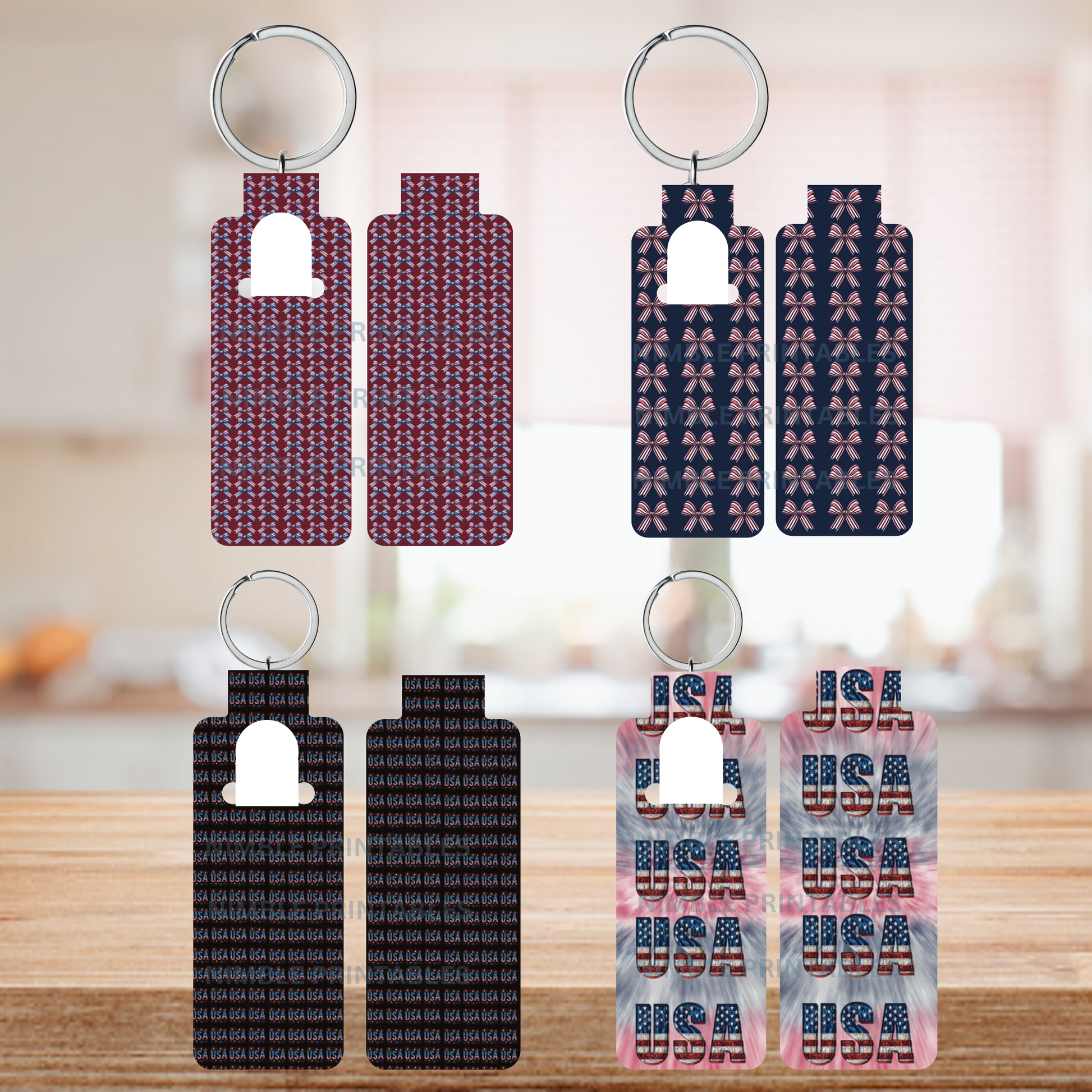 Four patriotic USA-themed keychains with red, white, and blue designs.