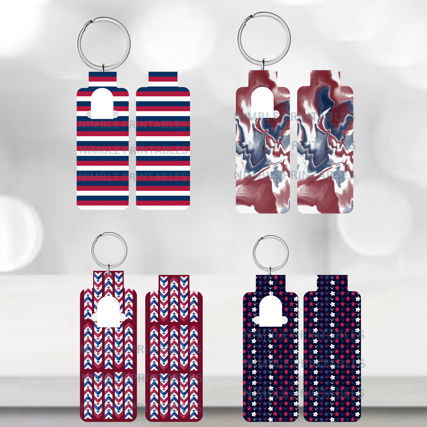 Four sublimation keychain designs with patriotic and abstract patterns.