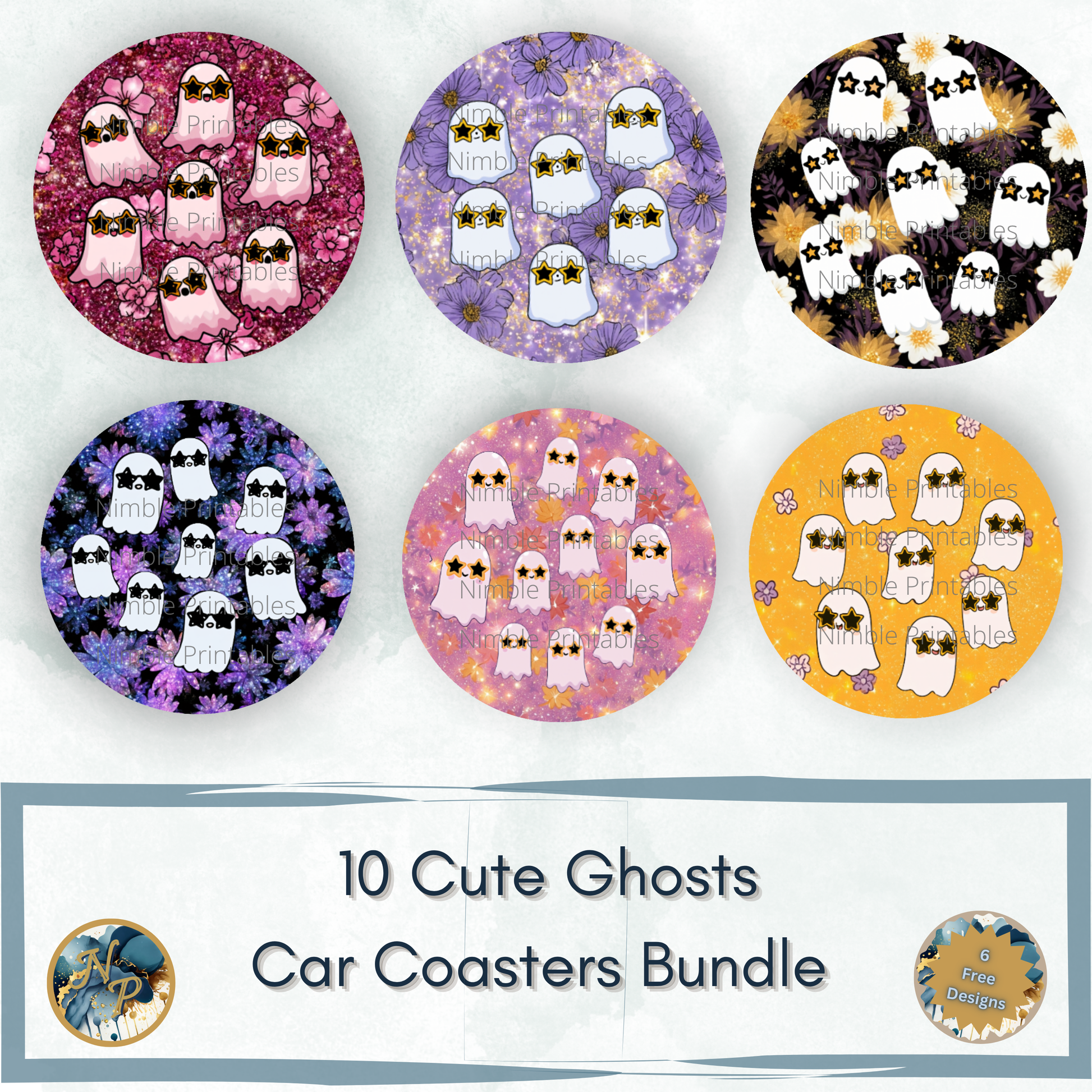 Six designs of cute ghosts with star sunglasses on patterned car coasters.