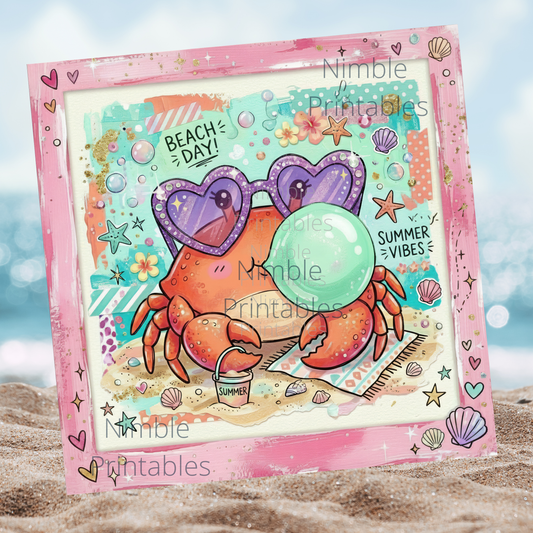 Crab with heart sunglasses blows bubble, beach scene, "Beach Day!" and "Summer Vibes."