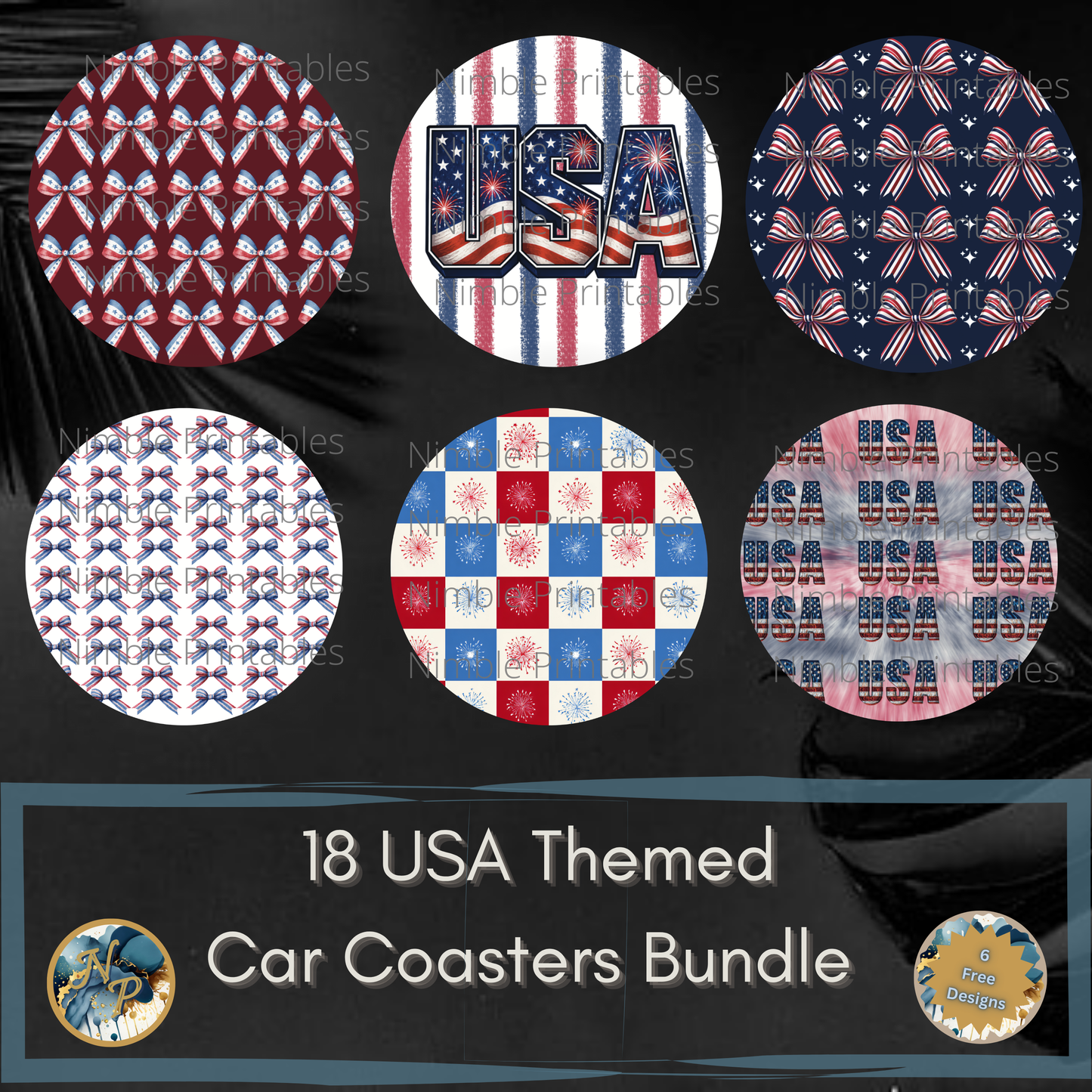 Eighteen USA-themed car coaster designs, featuring red, white, and blue patriotic patterns.