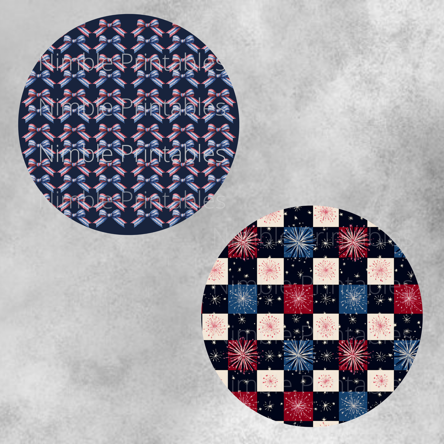 Two circular digital prints, one with patriotic bows, another with fireworks and stars.