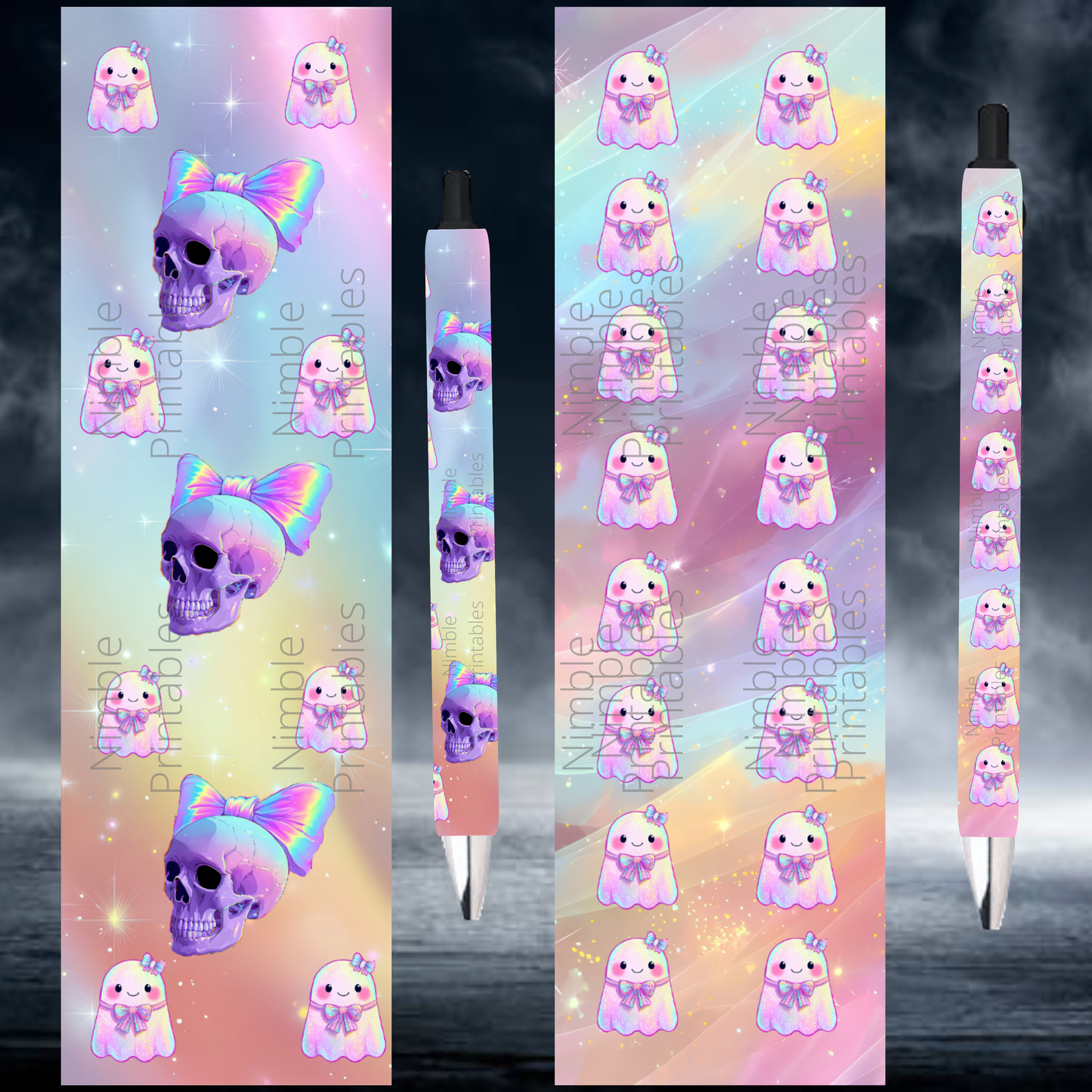 Cute pastel ghosts and skulls adorn a pen wrap design with sparkly rainbow bows.