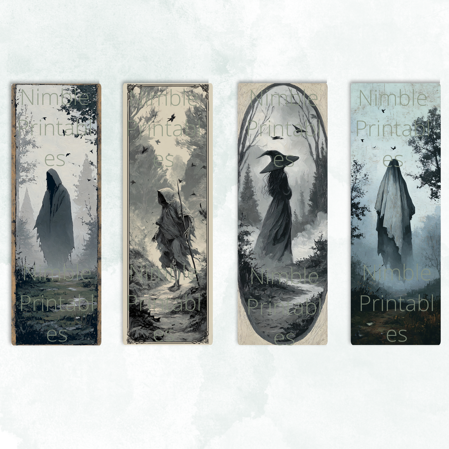 Printable Halloween Bookmarks Bundle PNG & JPG, Spooky Goth Witch, Ghost, Skeleton Fantasy, Dark Academia, Digital Instant Download