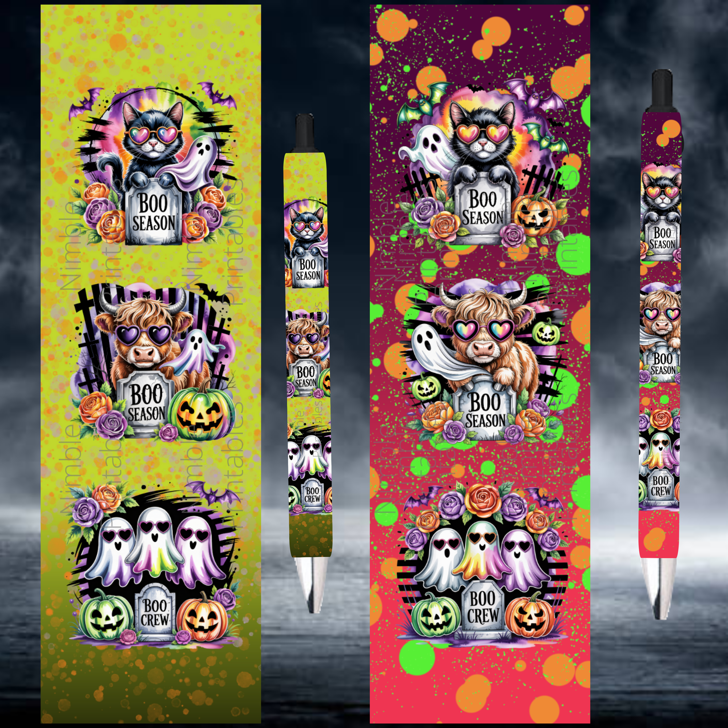 Pen Wraps Sublimation Designs PNG, Skinny Pen Wrap, Ink Joy and Waterslide Design, Halloween Ghost, Black Cat, Highland Cow Instant Download