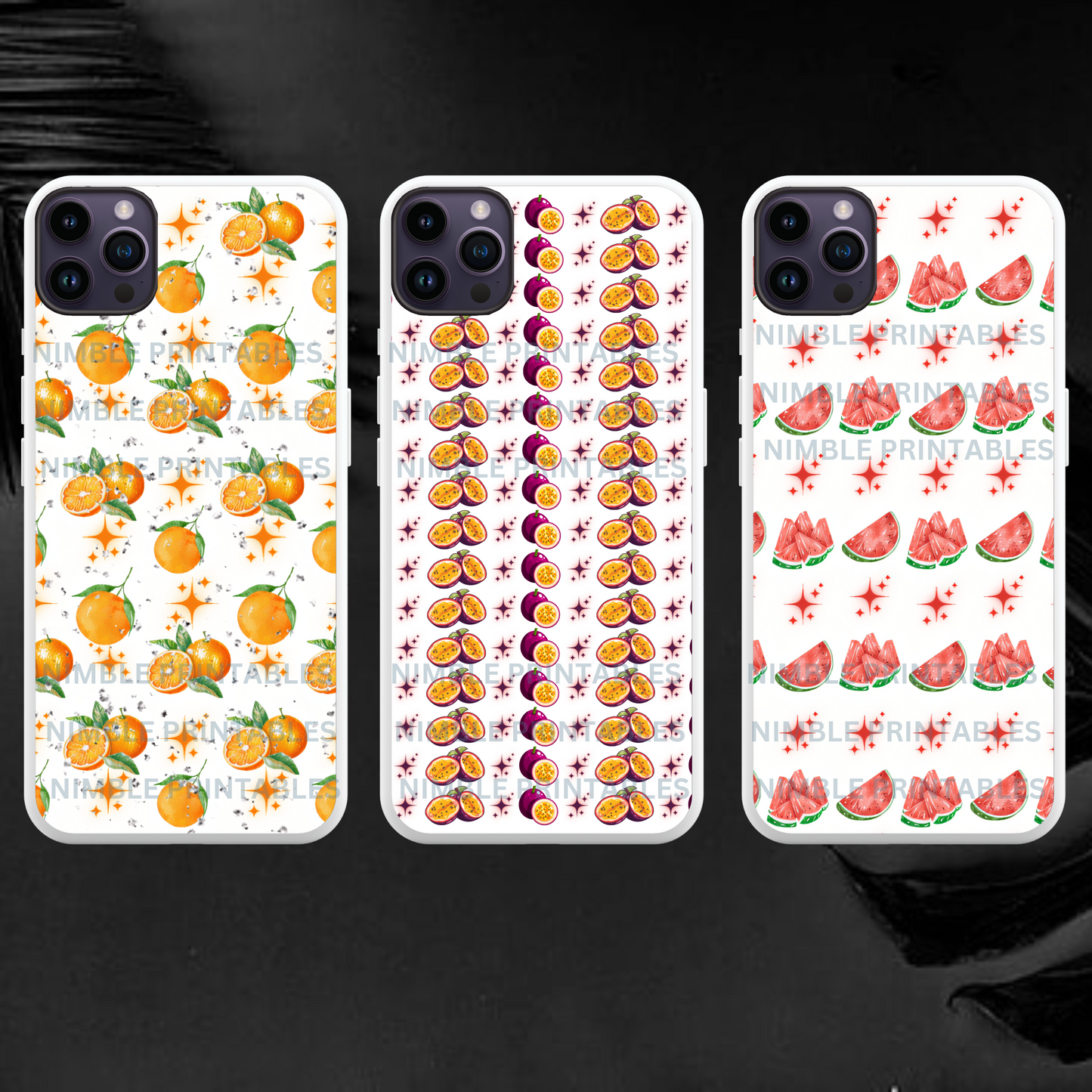 Fruit Print Sublimation Phone Case PNG, Phone Case Design Digital Download Cherry PNG, Passion Fruit PNG, Lemon png, Orange png, Glitter png