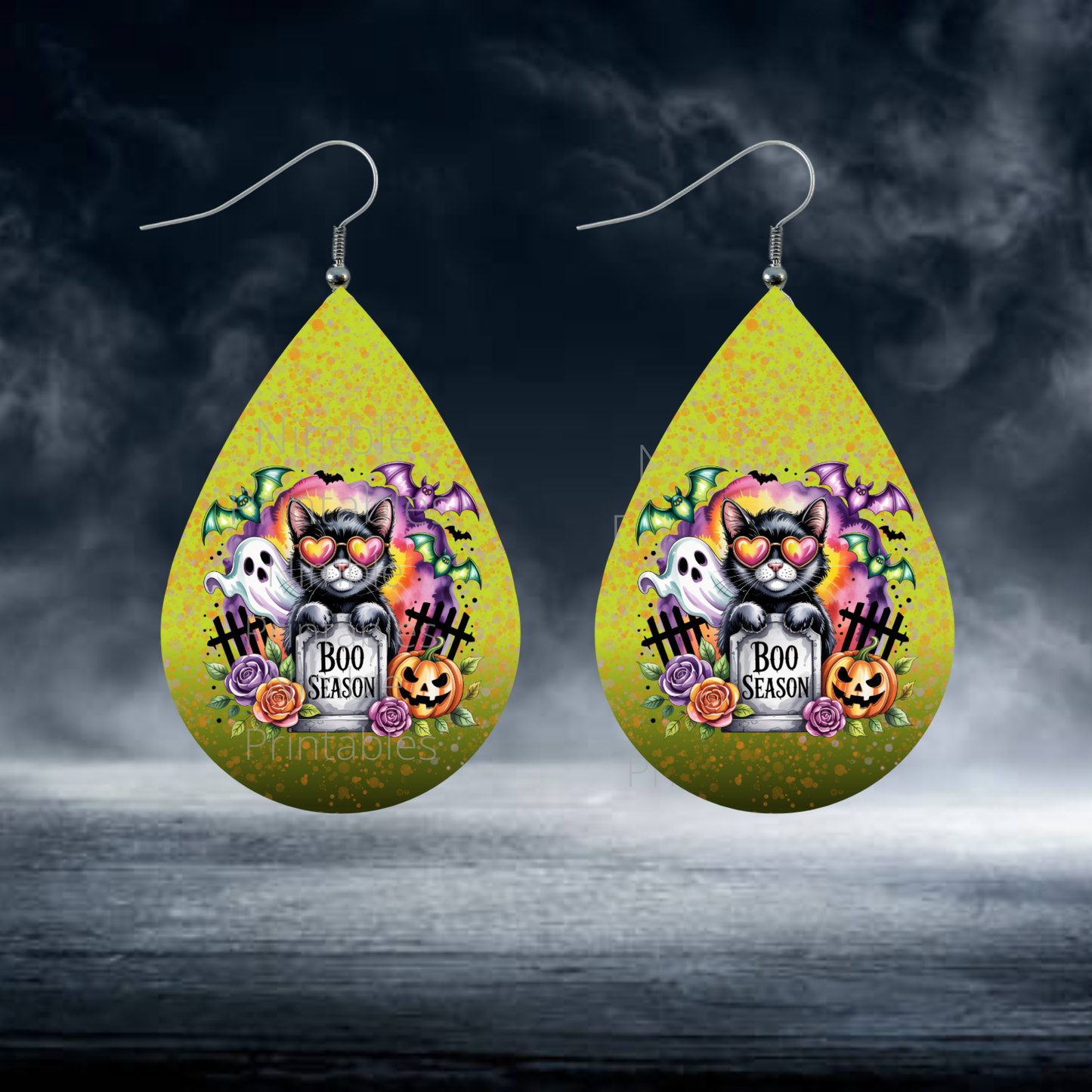 Teardrop Earring PNG Halloween, Ghost, Black Cat, Highland Cow Boo Season PNG Sublimation Earring Bundle Designs Digital Instant Download