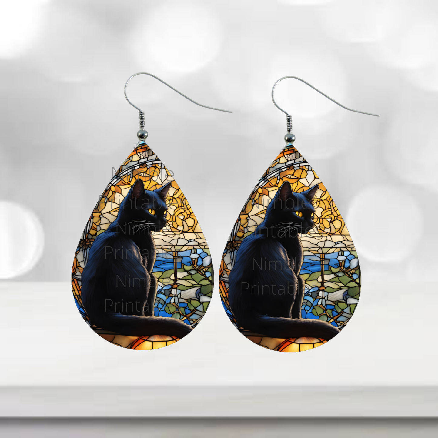 Teardrop Earring PNG Black Cat Sublimation Earring Designs Digital Download Instant Download Halloween PNG Stained Glass png