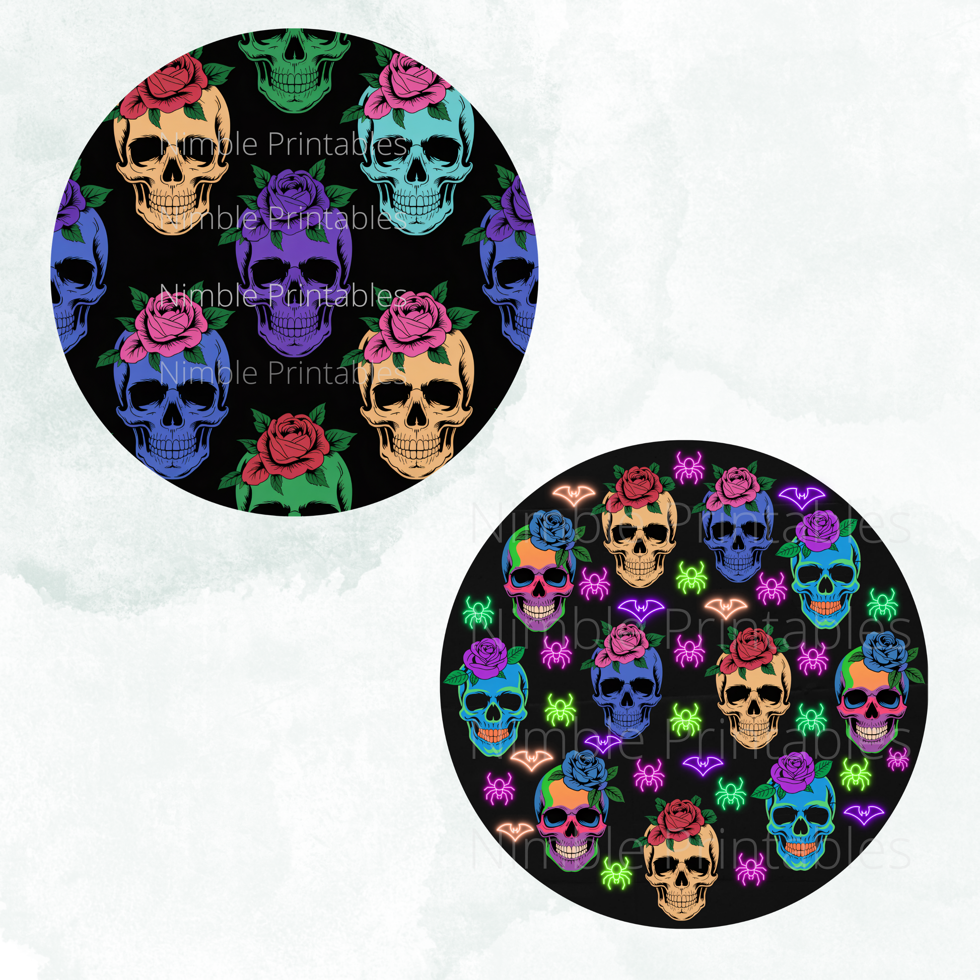 Collection of colorful skull designs with roses and neon bats and spiders.
