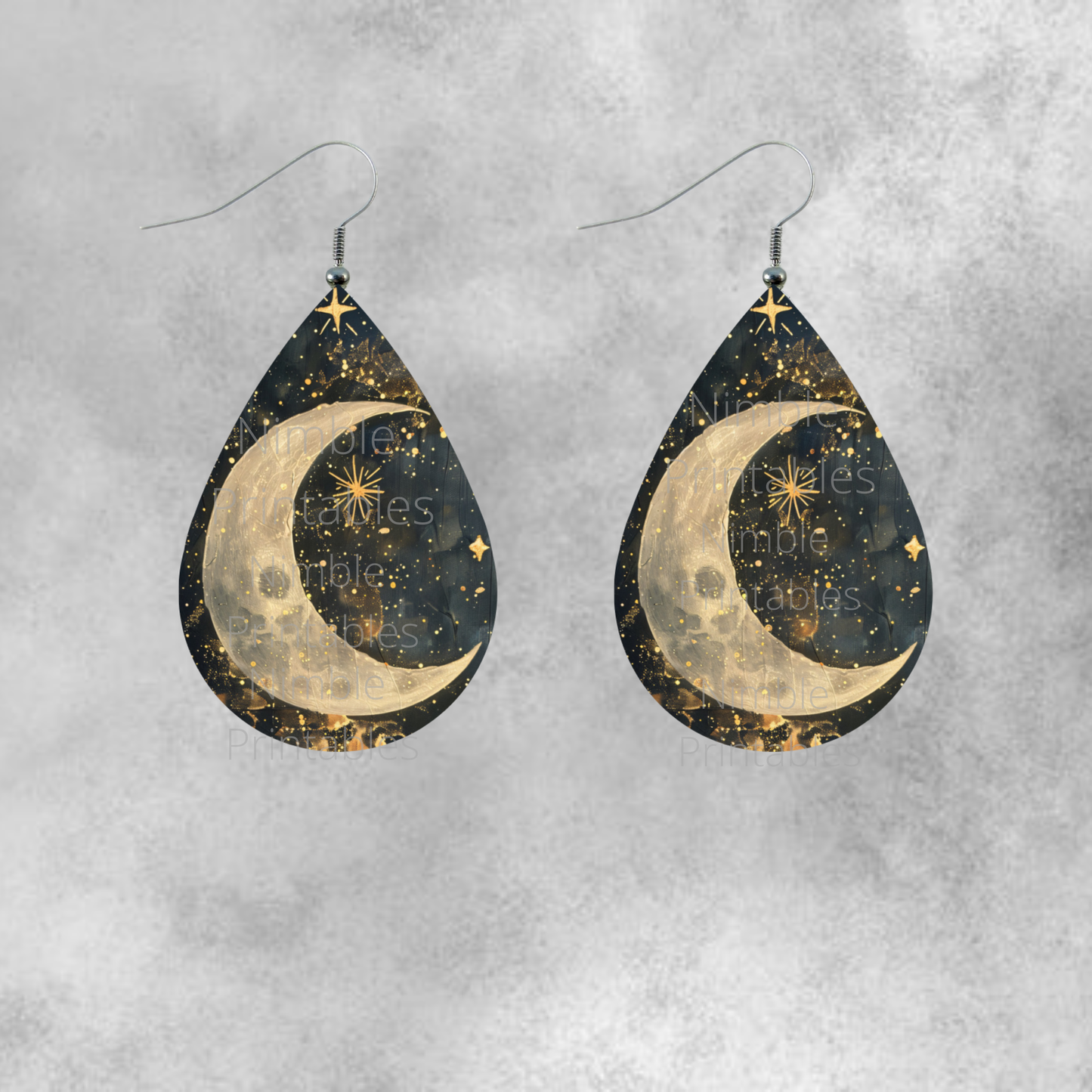 Celestial Moon and Stars Drop Earrings, Unique Galaxy Theme Jewelry, Vintage Design Black Gold Aesthetic, Gift for Her