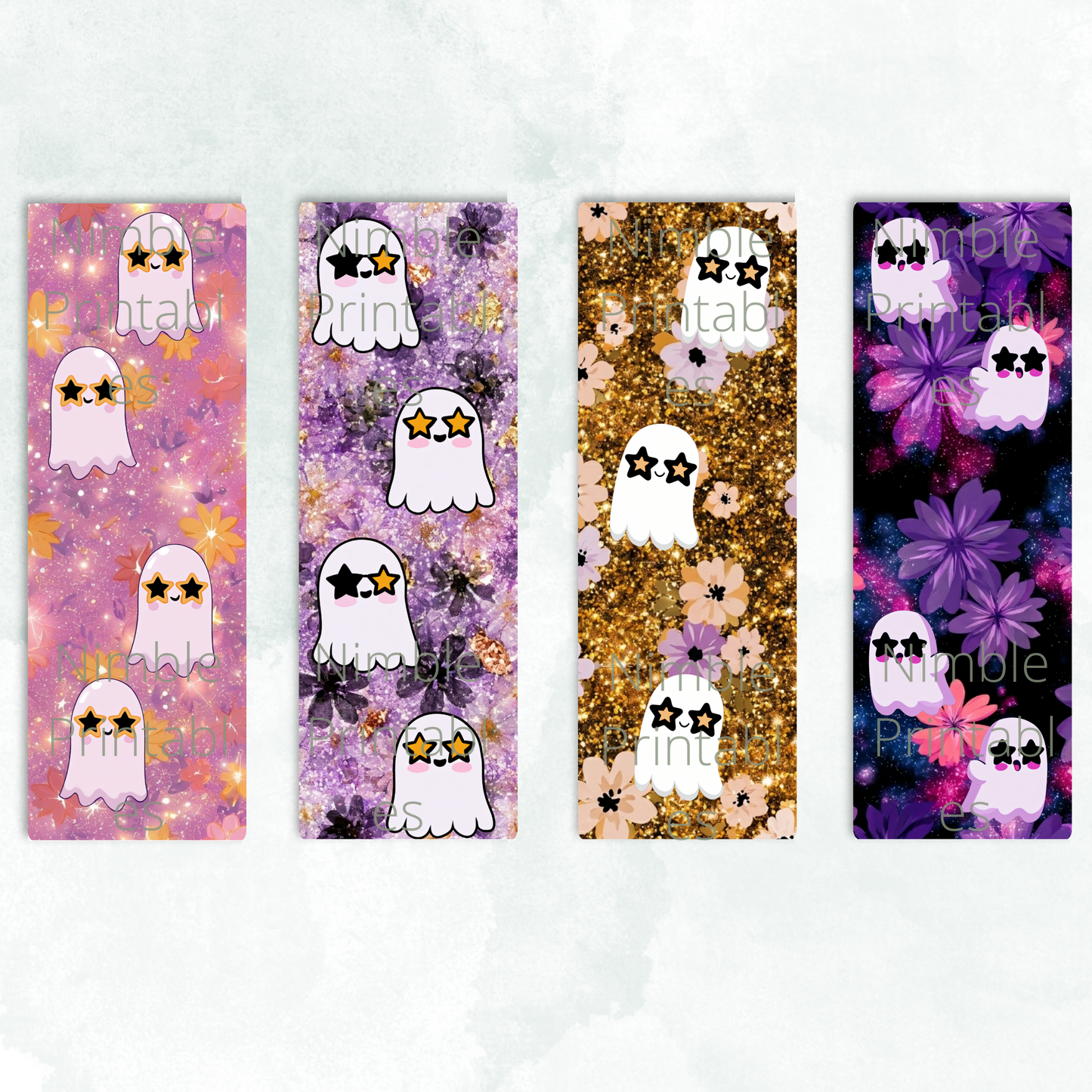 Four Halloween bookmark designs featuring ghosts with star sunglasses and floral patterns.