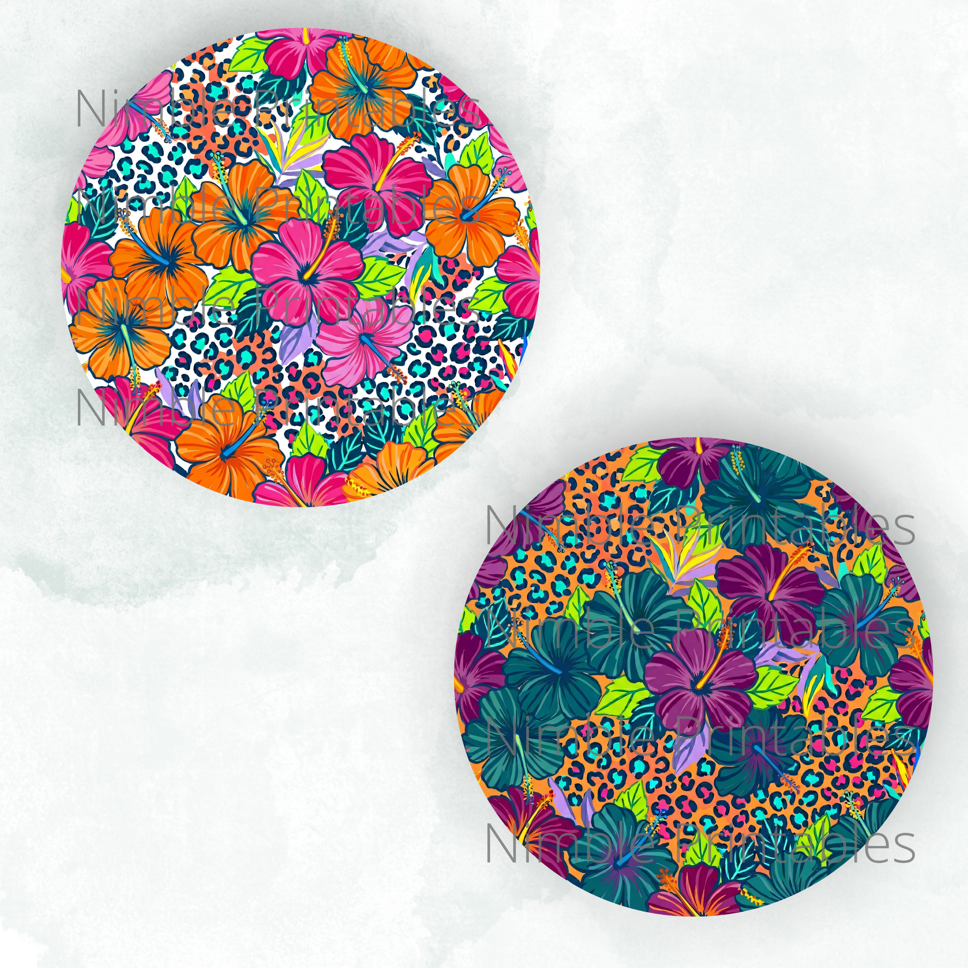 Two circular patterns featuring hibiscus flowers and leopard print.