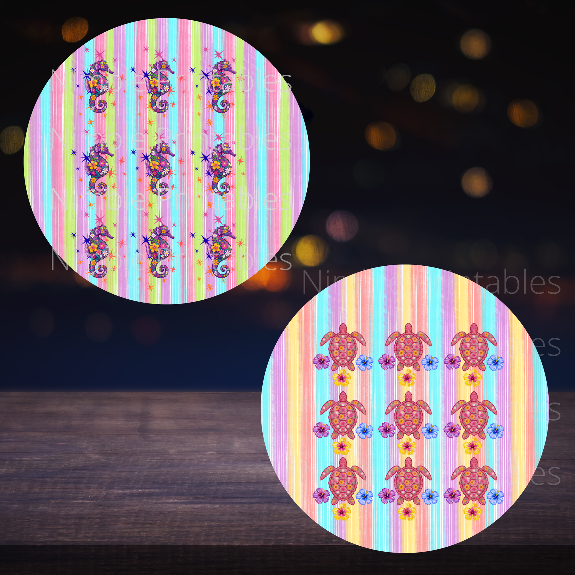 Circular designs with colorful stripes, seahorses, and turtles.